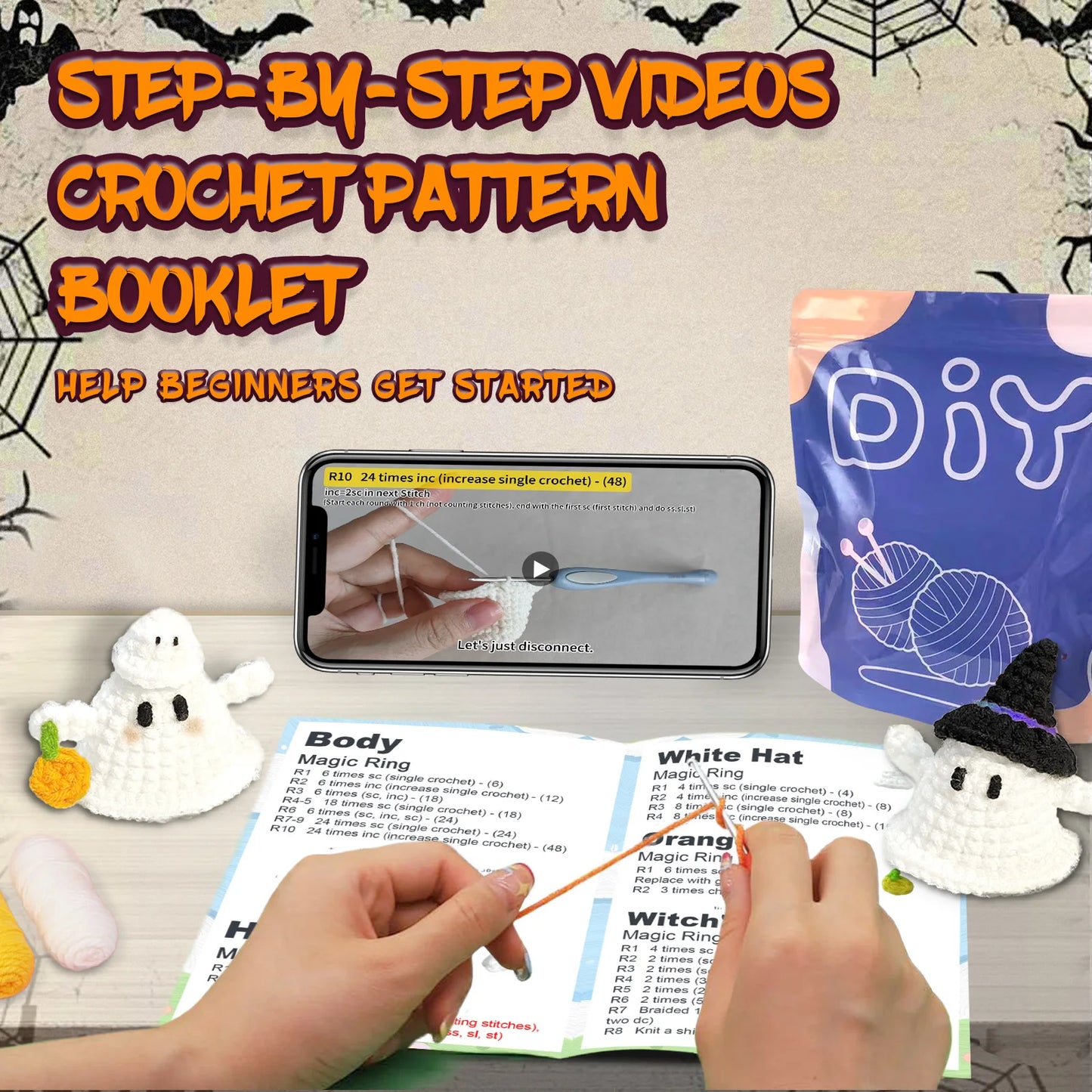 Halloween Ghost Crochet Kit for Beginners – 2pc | Yarn, Hook & Video Tutorial Included