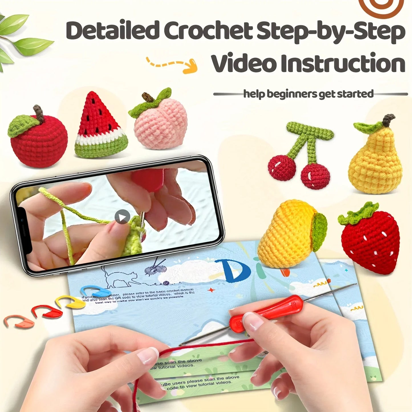 Fruit Crochet Kit for Beginners – 7pc | Yarn, Hook & Video Tutorial Included