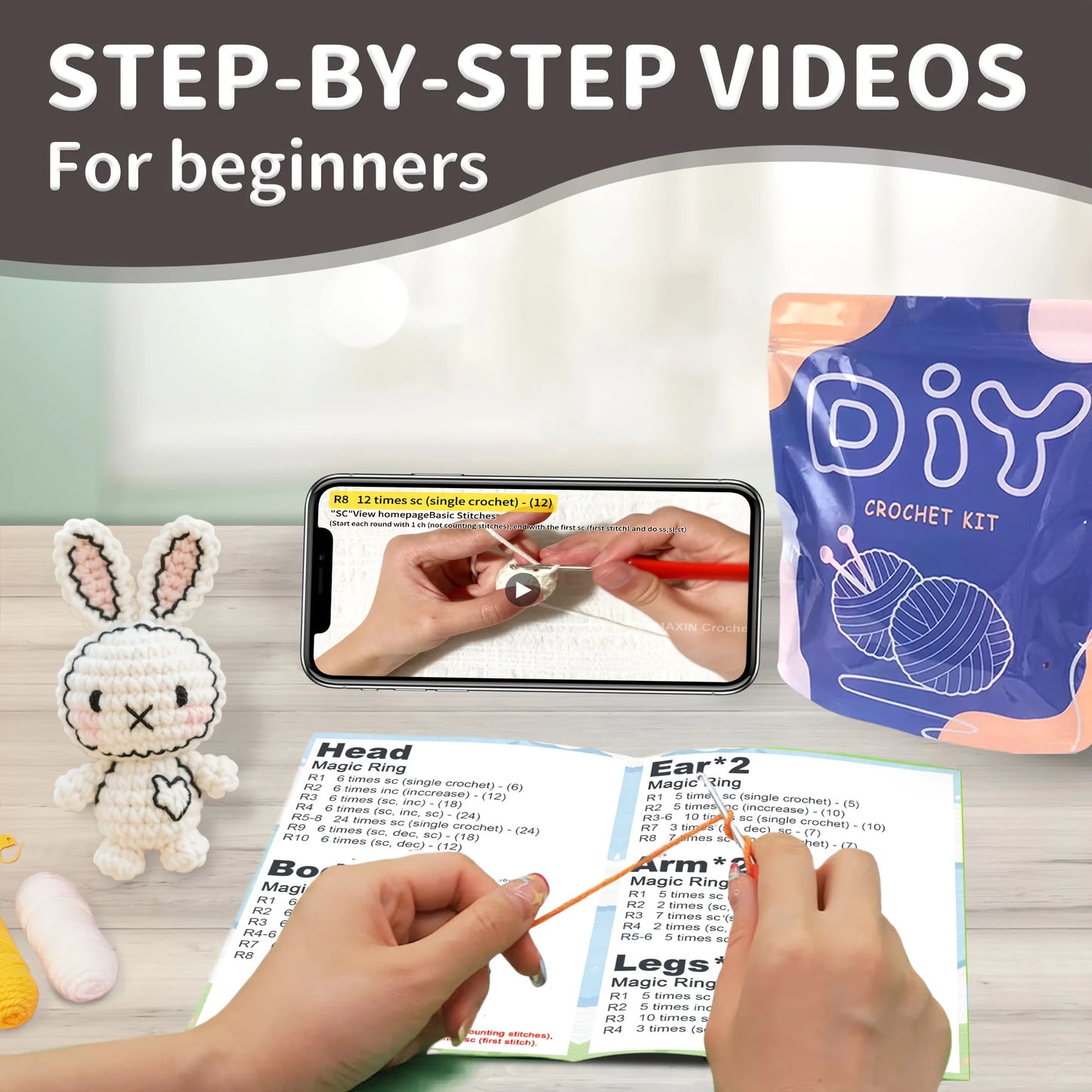 Delightful Bunny Amigurumi Crochet Kit for Beginners – 1pc | Yarn, Hook & Video Tutorial Included
