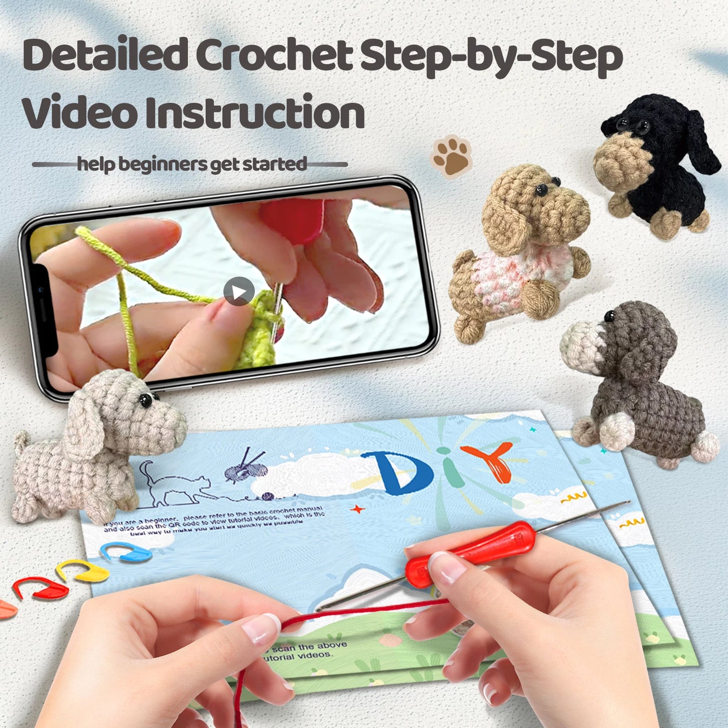 Dog Crochet Kit for Beginners – 4pc | Yarn, Hook & Video Tutorial Included