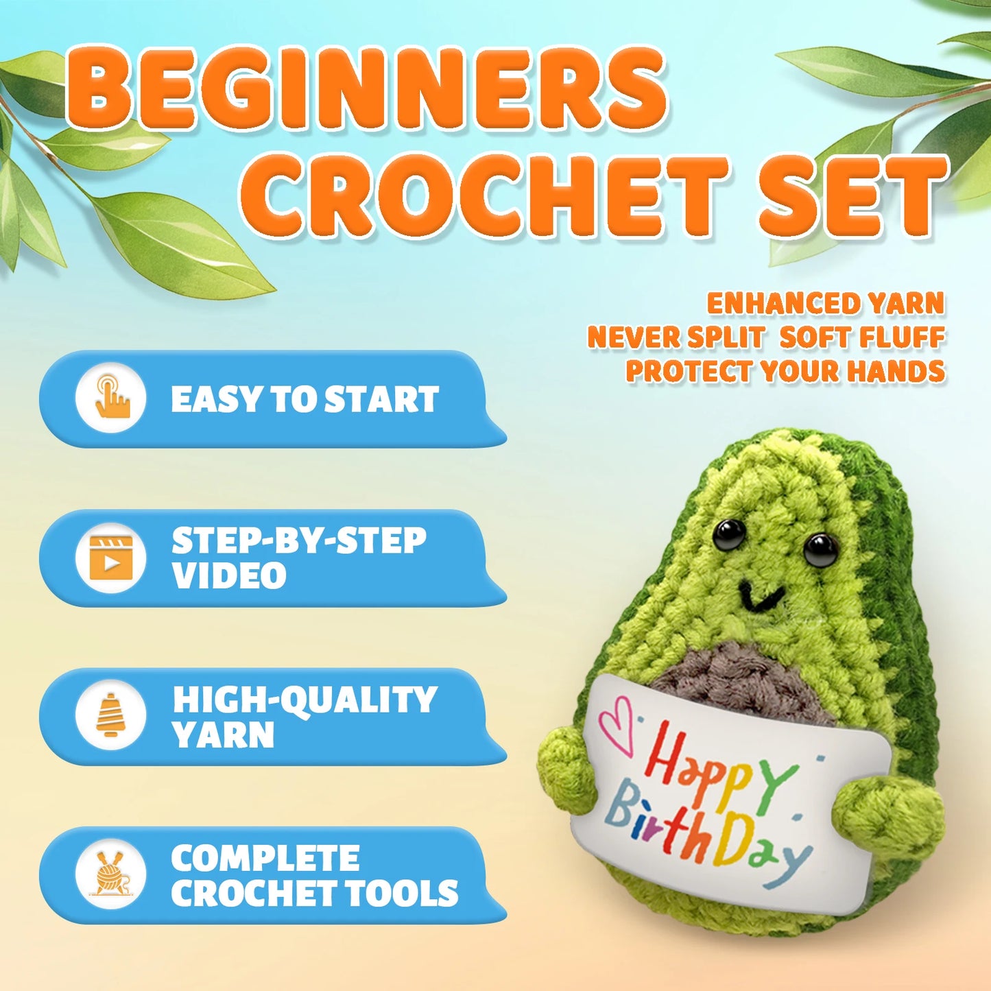Sign-Holding Fruit (Avocado) Crochet Kit for Beginners – 1pc | Yarn, Hook & Video Tutorial Included