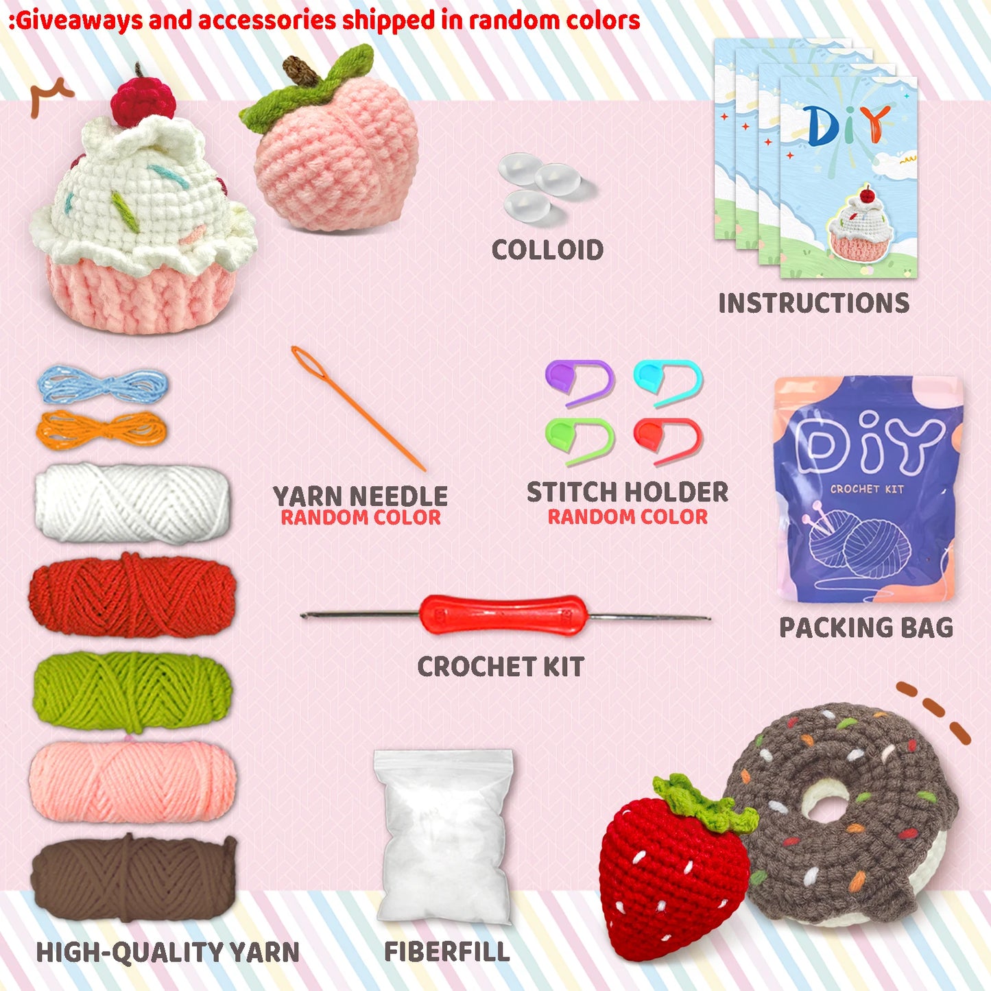 Sweet Treats Crochet Kit for Beginners – 4pc | Yarn, Hook & Video Tutorial Included