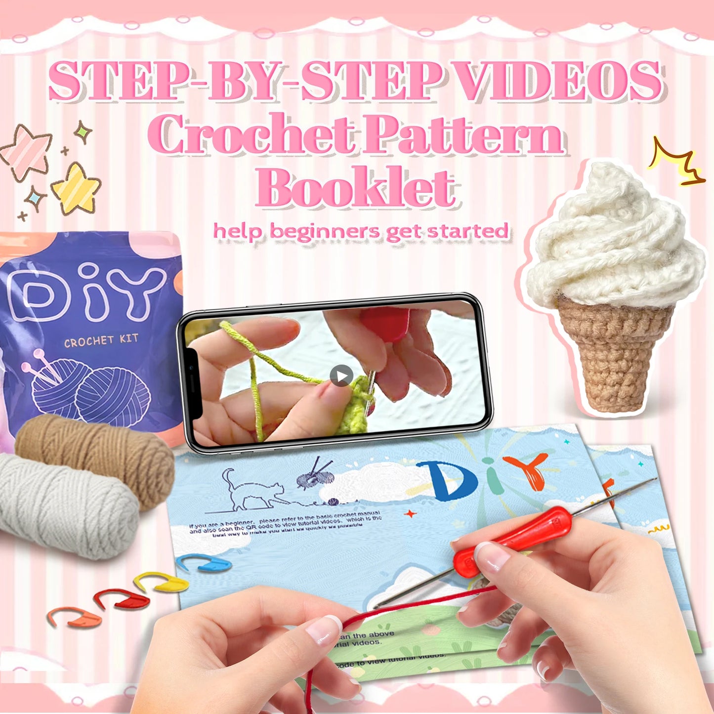 Ice Cream Crochet Kit for Beginners – 1pc | Yarn, Hook & Video Tutorial Included