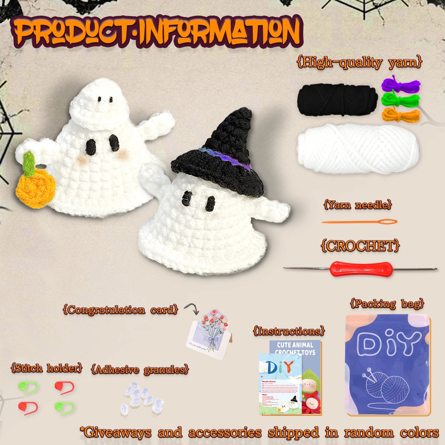 Halloween Ghost Crochet Kit for Beginners – 2pc | Yarn, Hook & Video Tutorial Included