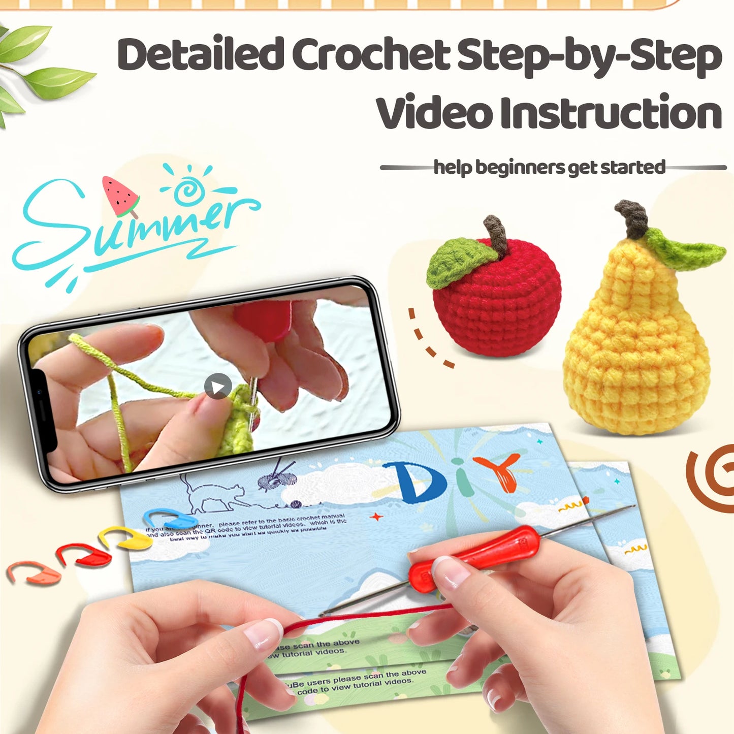 Fruit Crochet Kit for Beginners – 2pc | Yarn, Hook & Video Tutorial Included
