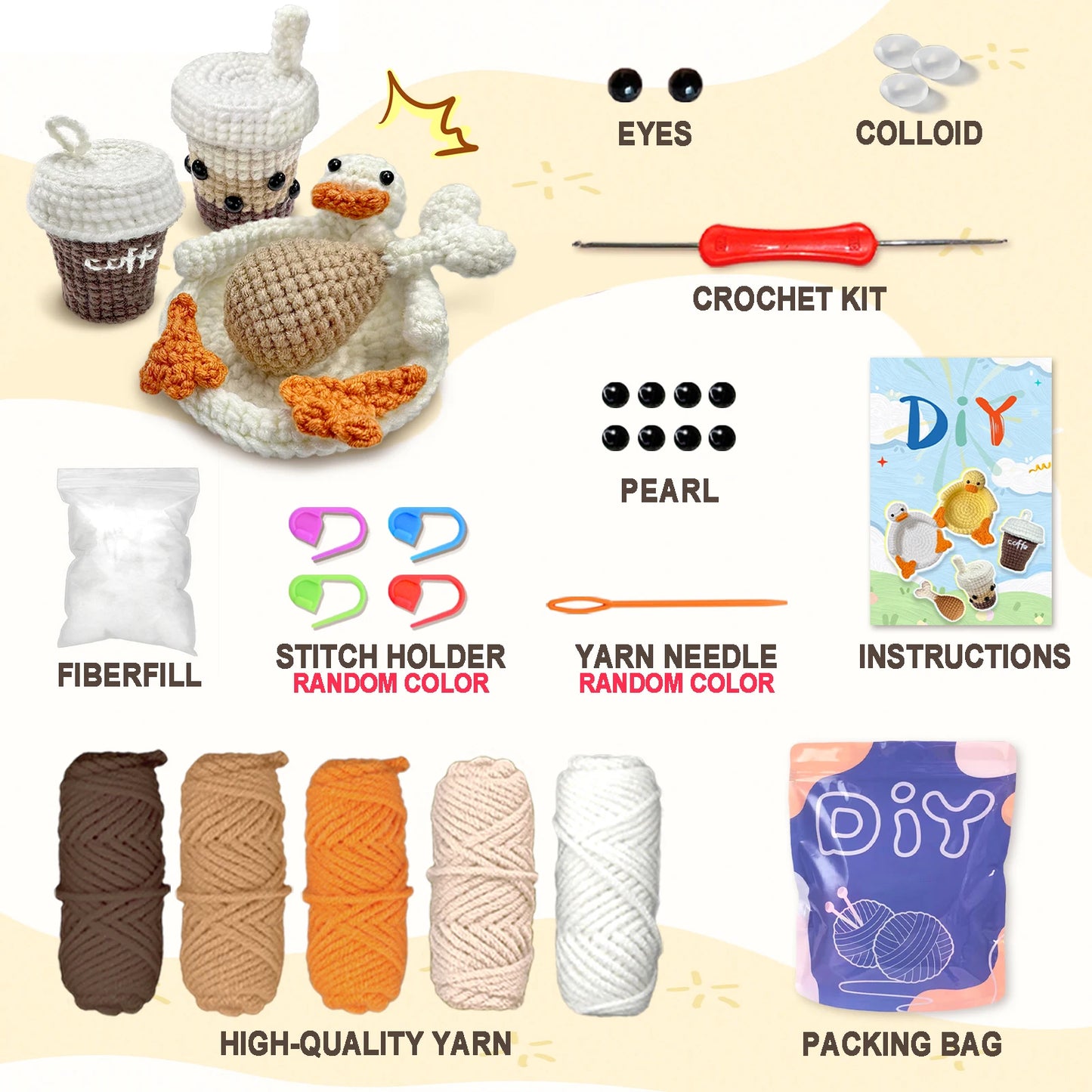 Food Theme Crochet Kit for Beginners – 4pc | Yarn, Hook & Video Tutorial Included