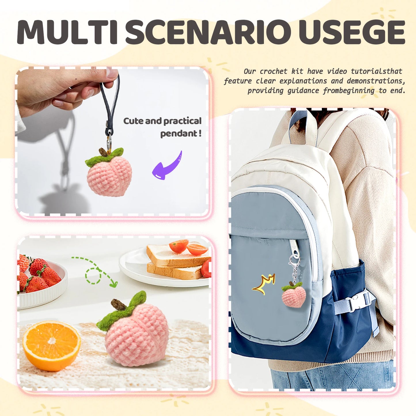 Peach Crochet Kit for Beginners – 1pc | Yarn, Hook & Video Tutorial Included