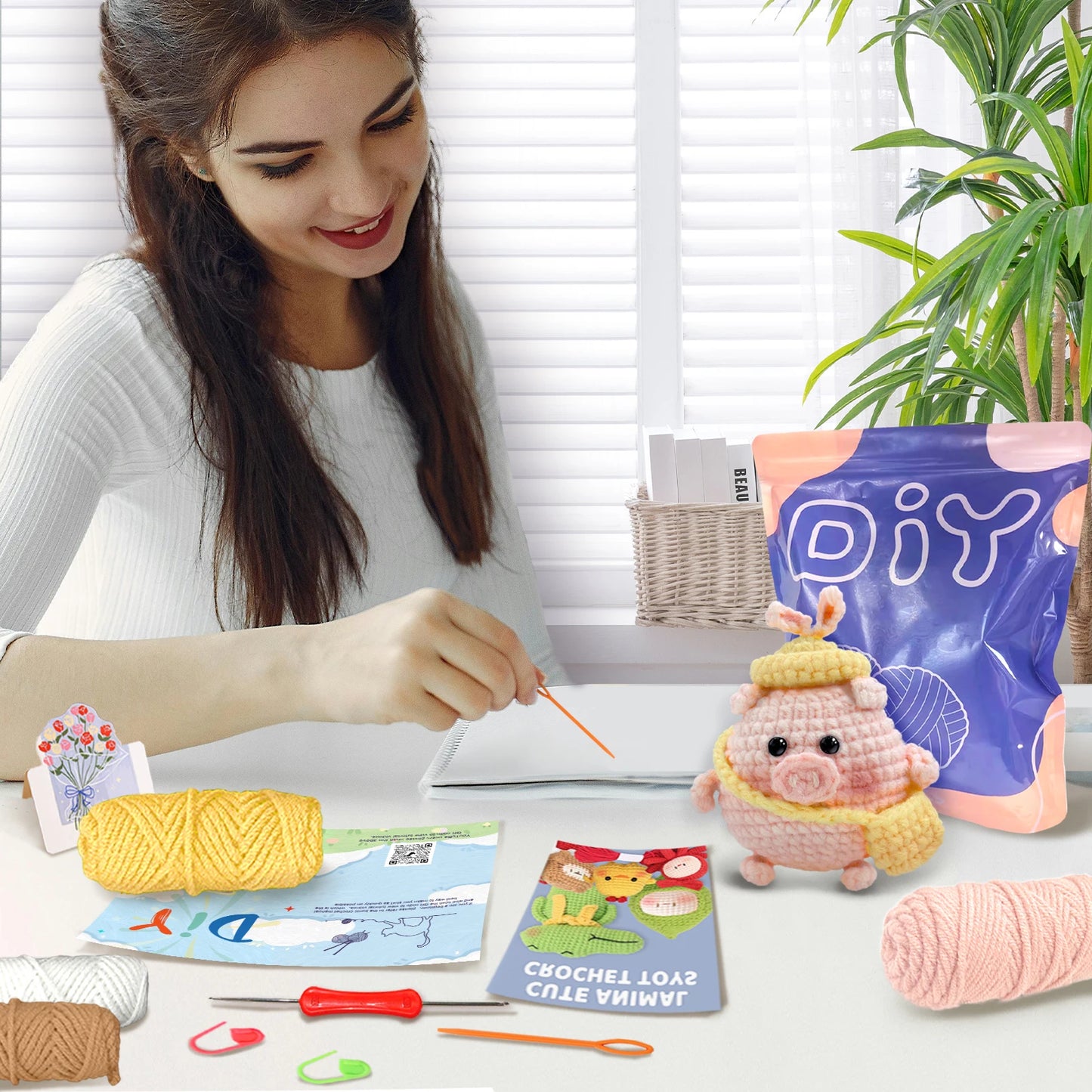 Pig Crochet Kit for Beginners – 1pc | Yarn, Hook & Video Tutorial Included