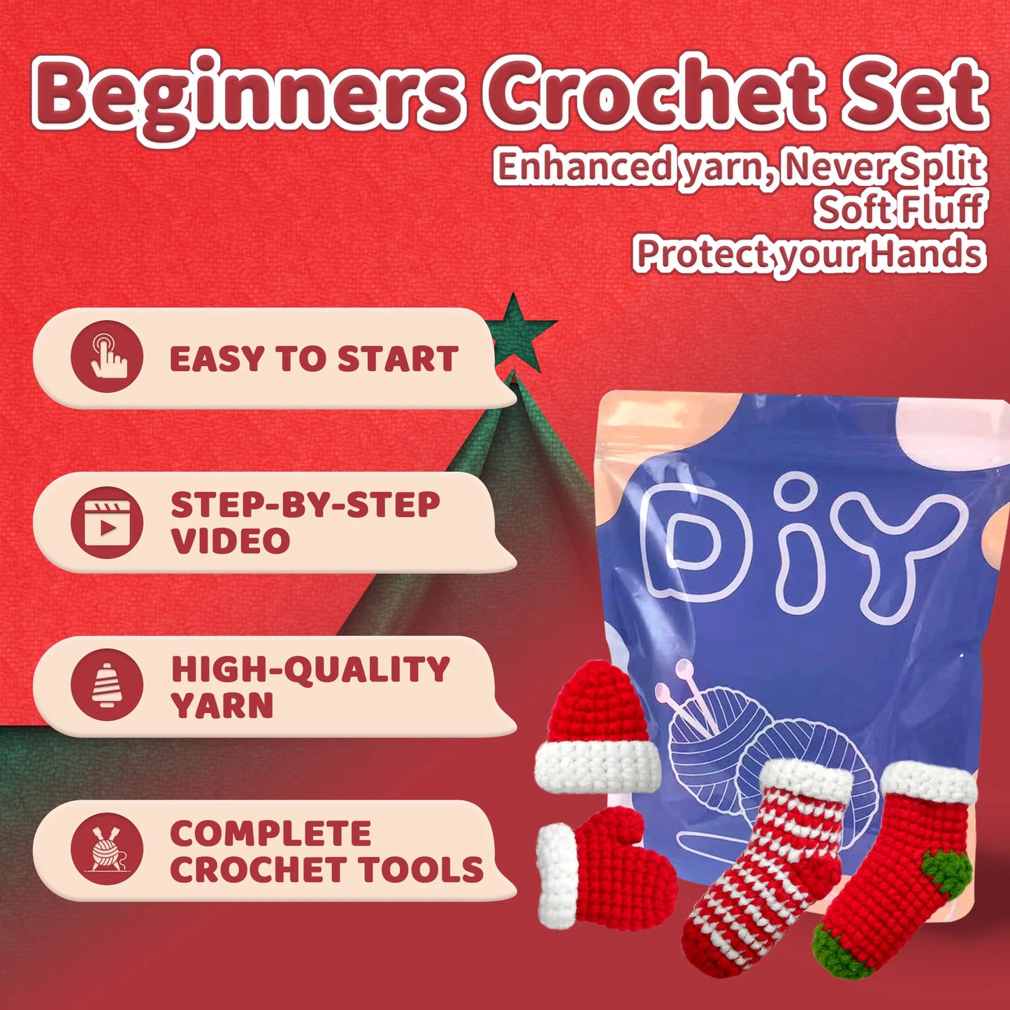 Christmas Ornament Crochet Kit for Beginners – 4pc | Yarn, Hook & Video Tutorial Included