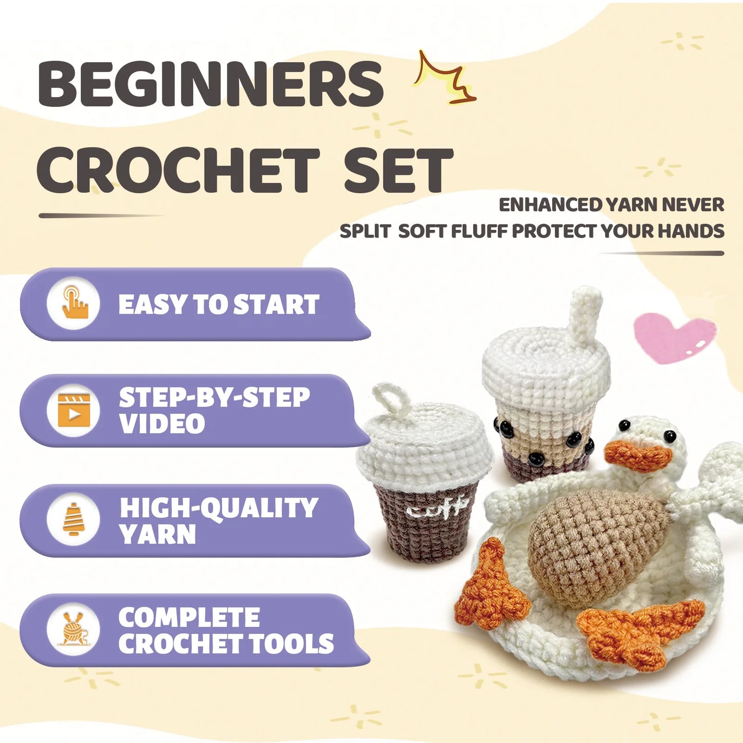 Food Theme Crochet Kit for Beginners – 4pc | Yarn, Hook & Video Tutorial Included