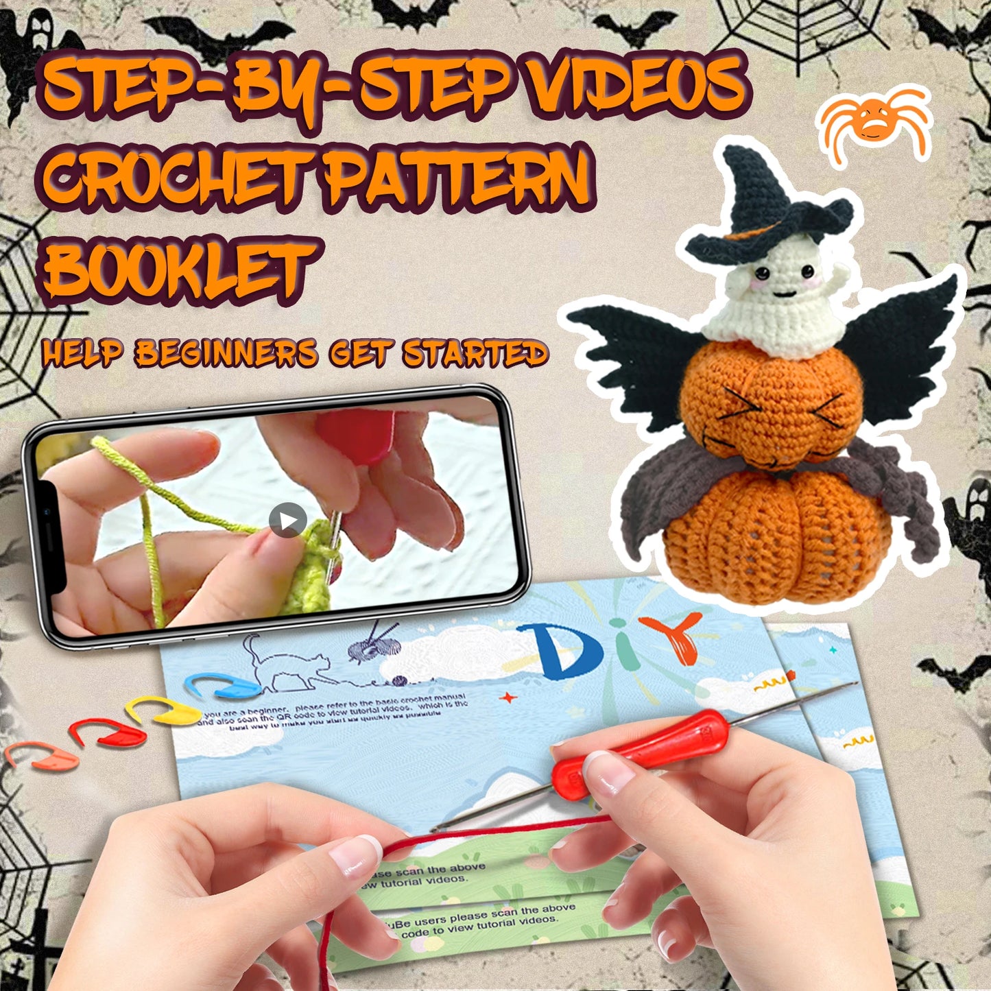 Halloween Crochet Kit for Beginners – 3pc | Yarn, Hook & Video Tutorial Included