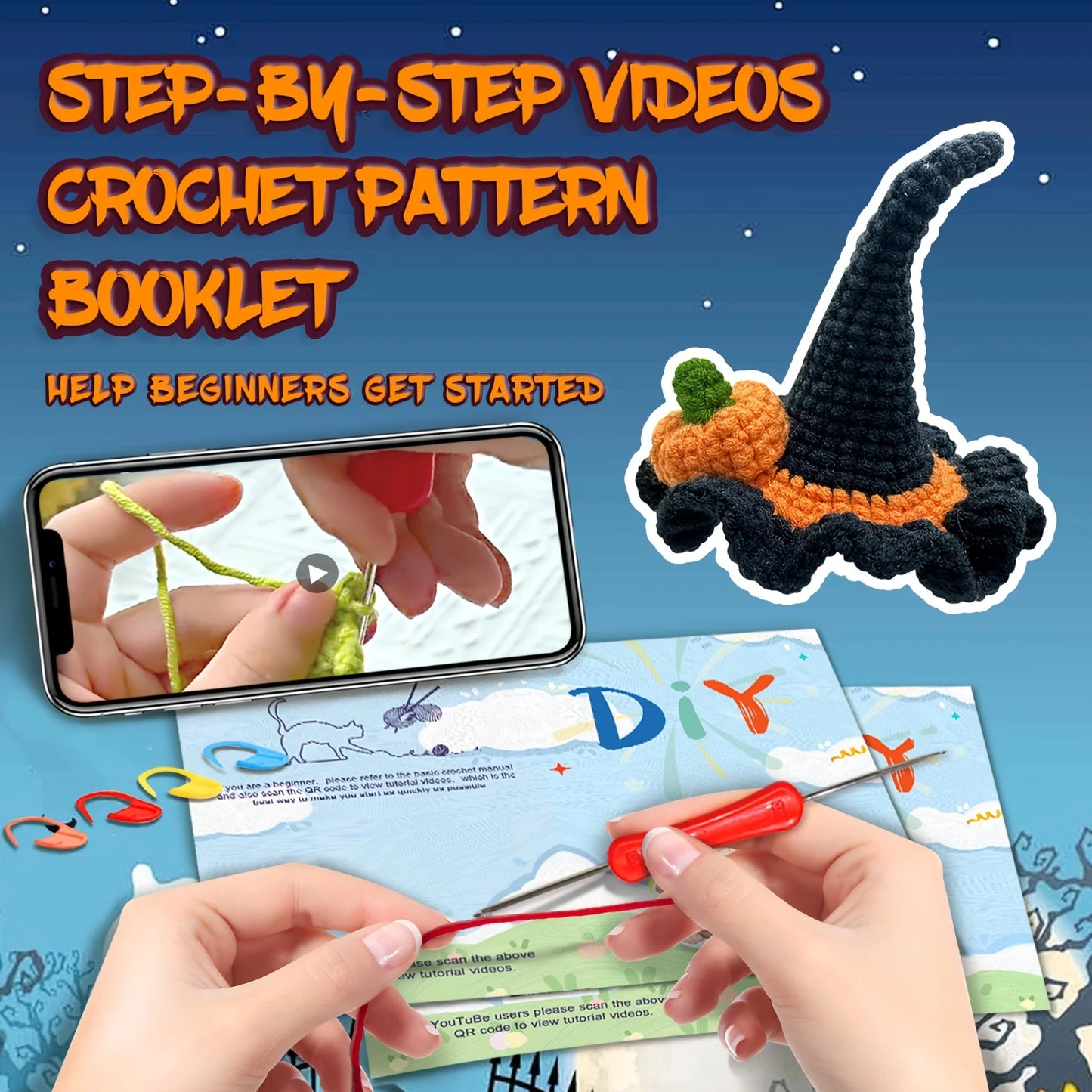 Halloween Pumpkin & Witch Hat Crochet Kit for Beginners – 1pc | Yarn, Hook & Video Tutorial Included