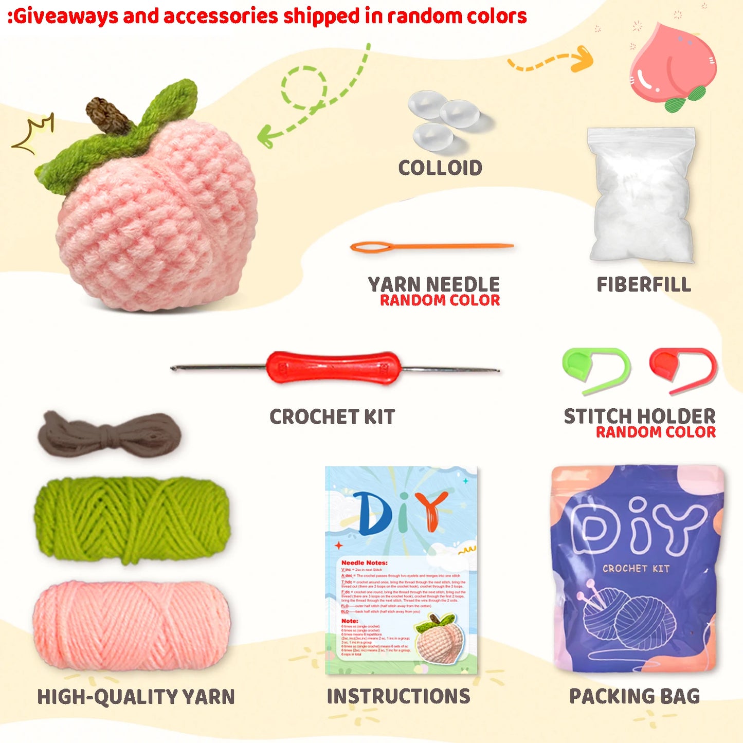 Peach Crochet Kit for Beginners – 1pc | Yarn, Hook & Video Tutorial Included