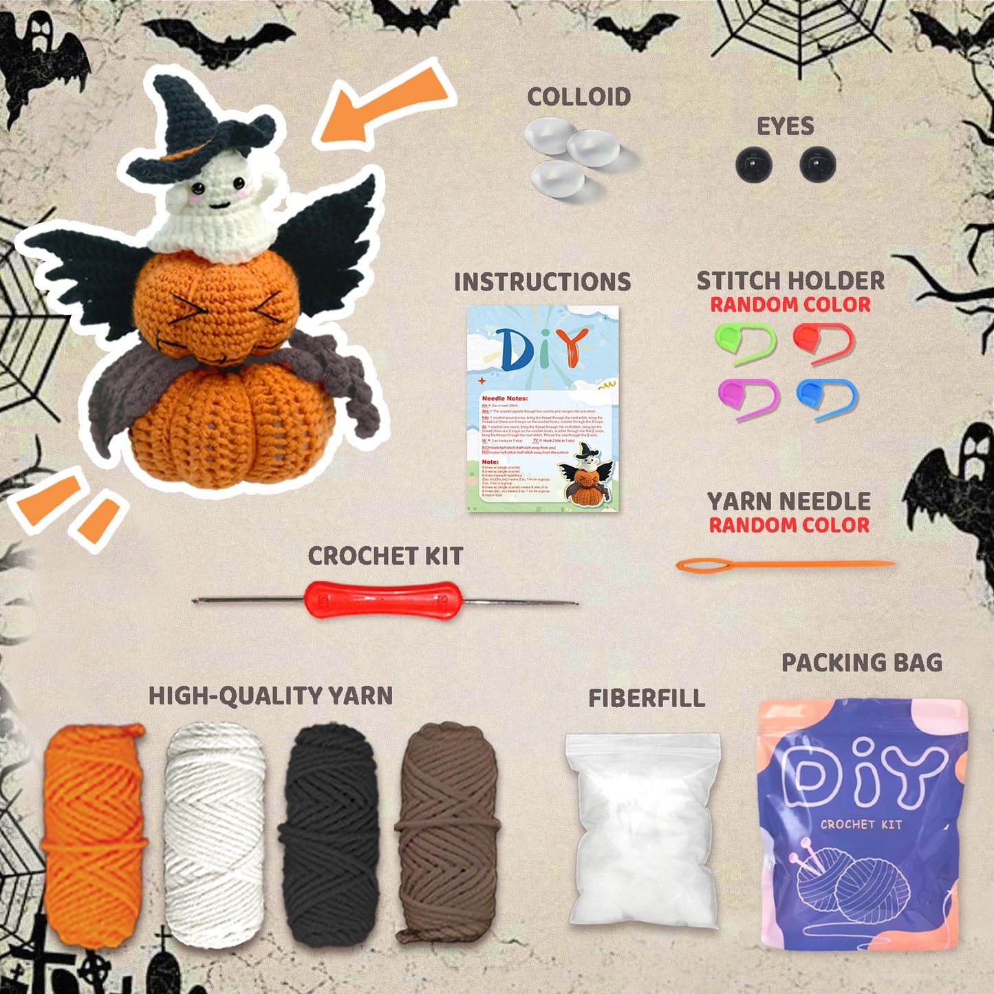 Halloween Crochet Kit for Beginners – 3pc | Yarn, Hook & Video Tutorial Included