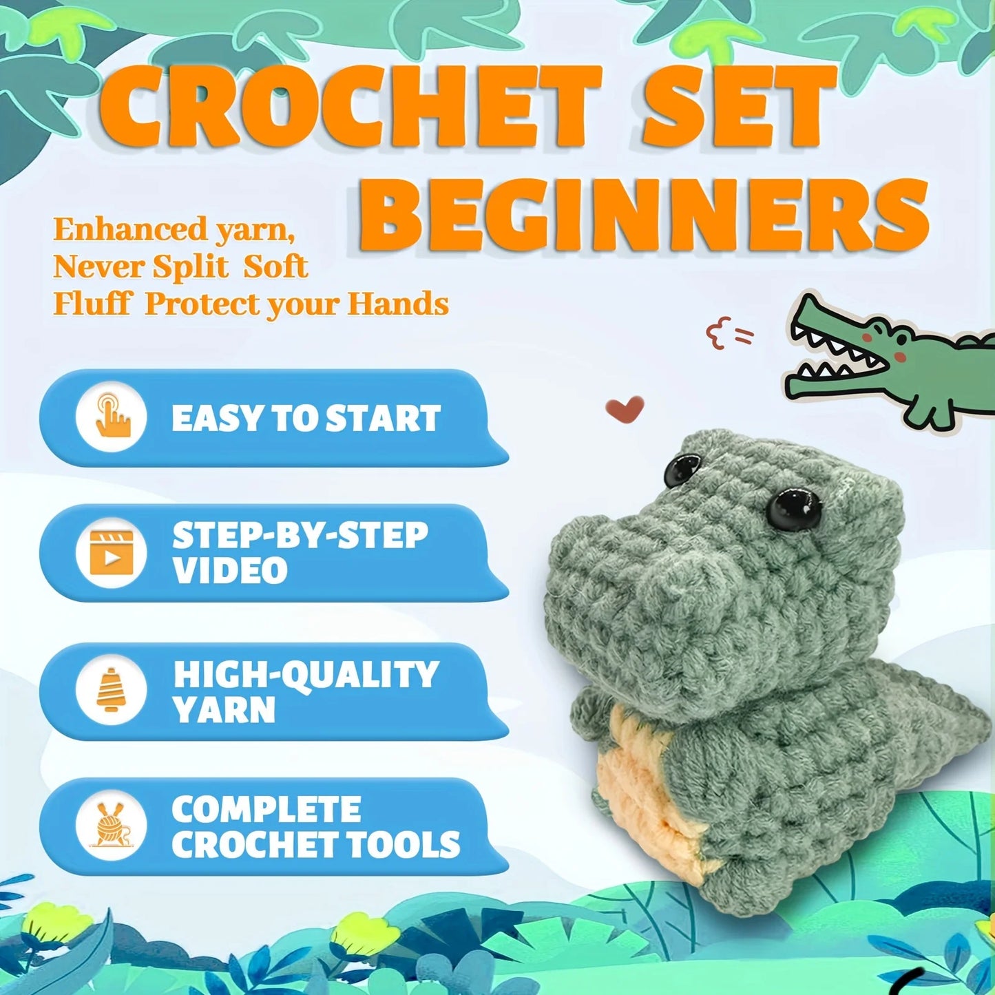 Crocodile Crochet Kit for Beginners – 1pc | Yarn, Hook & Video Tutorial Included