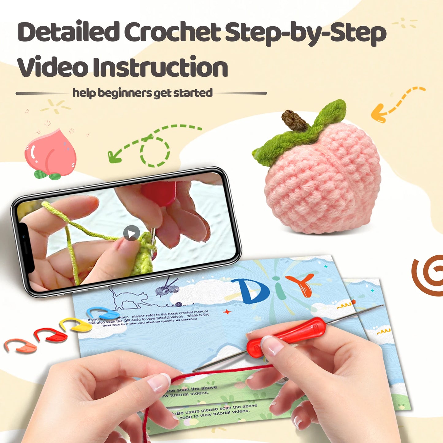 Peach Crochet Kit for Beginners – 1pc | Yarn, Hook & Video Tutorial Included