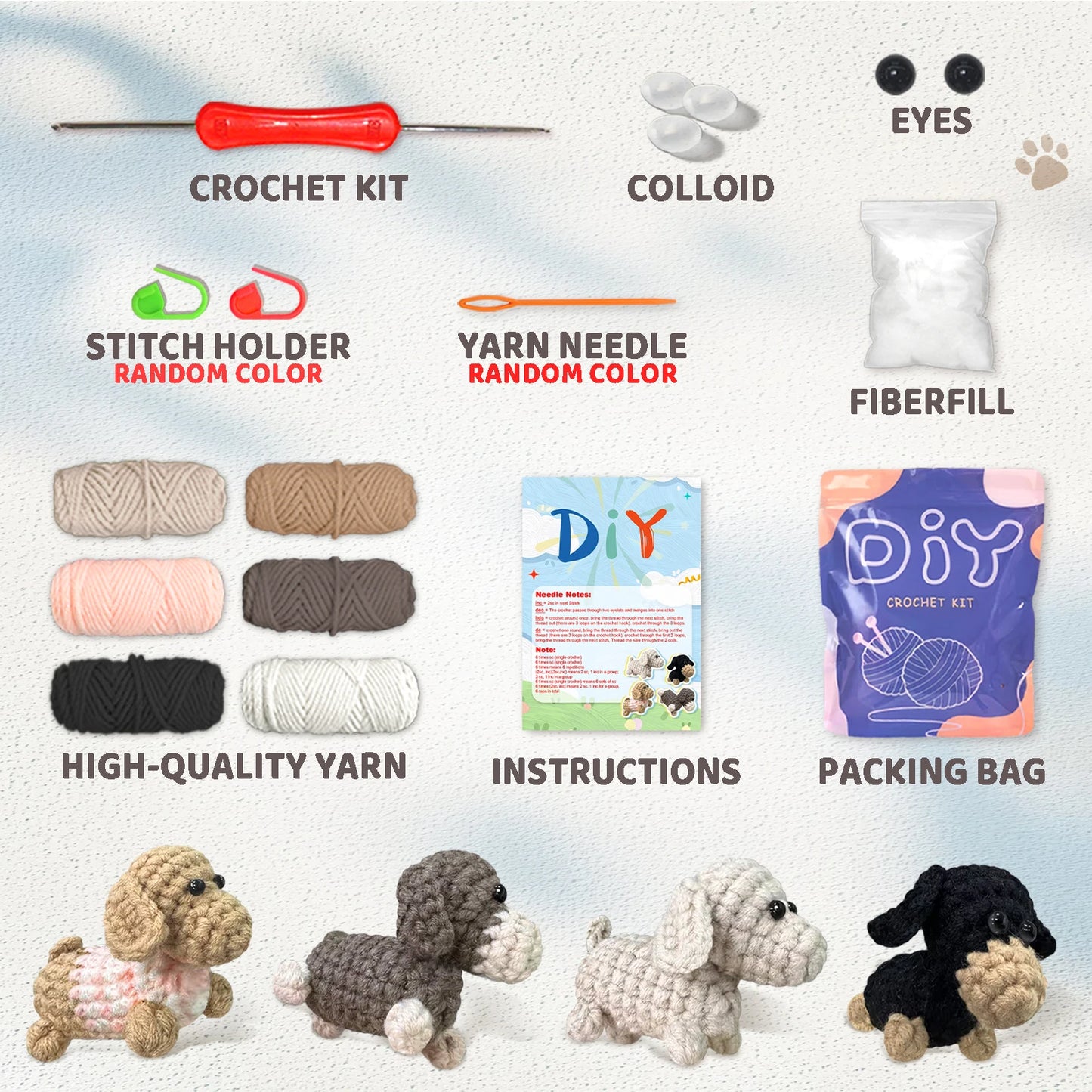 Dog Crochet Kit for Beginners – 4pc | Yarn, Hook & Video Tutorial Included