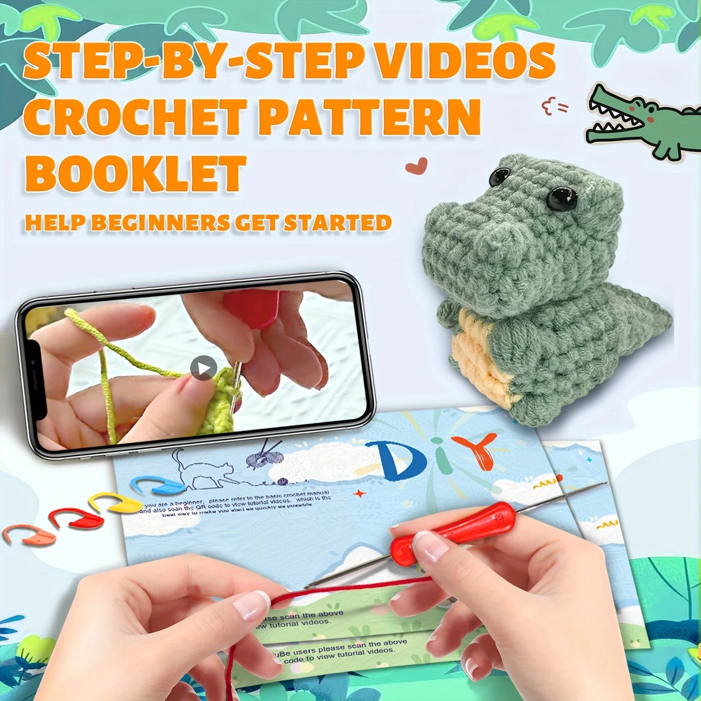 Crocodile Crochet Kit for Beginners – 1pc | Yarn, Hook & Video Tutorial Included