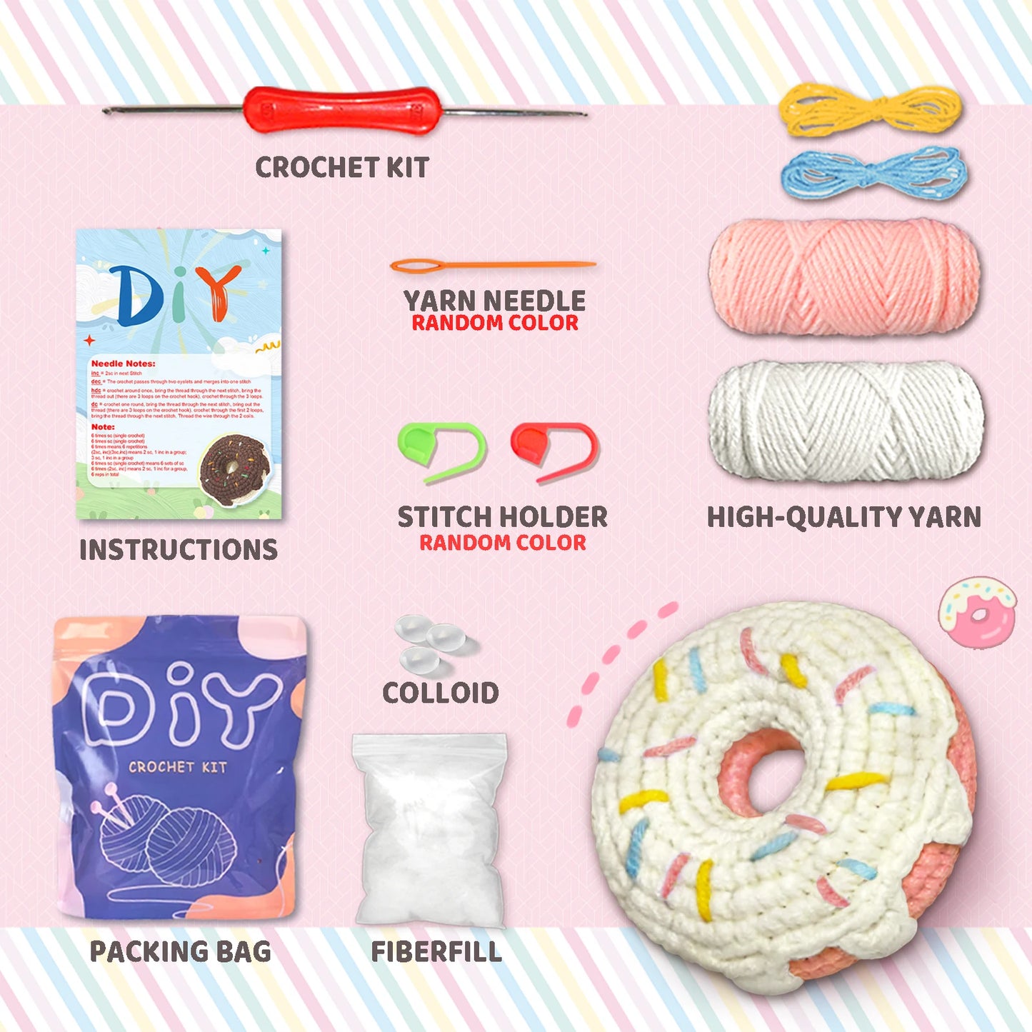 Donut Crochet Kit for Beginners – 1pc | Yarn, Hook & Video Tutorial Included