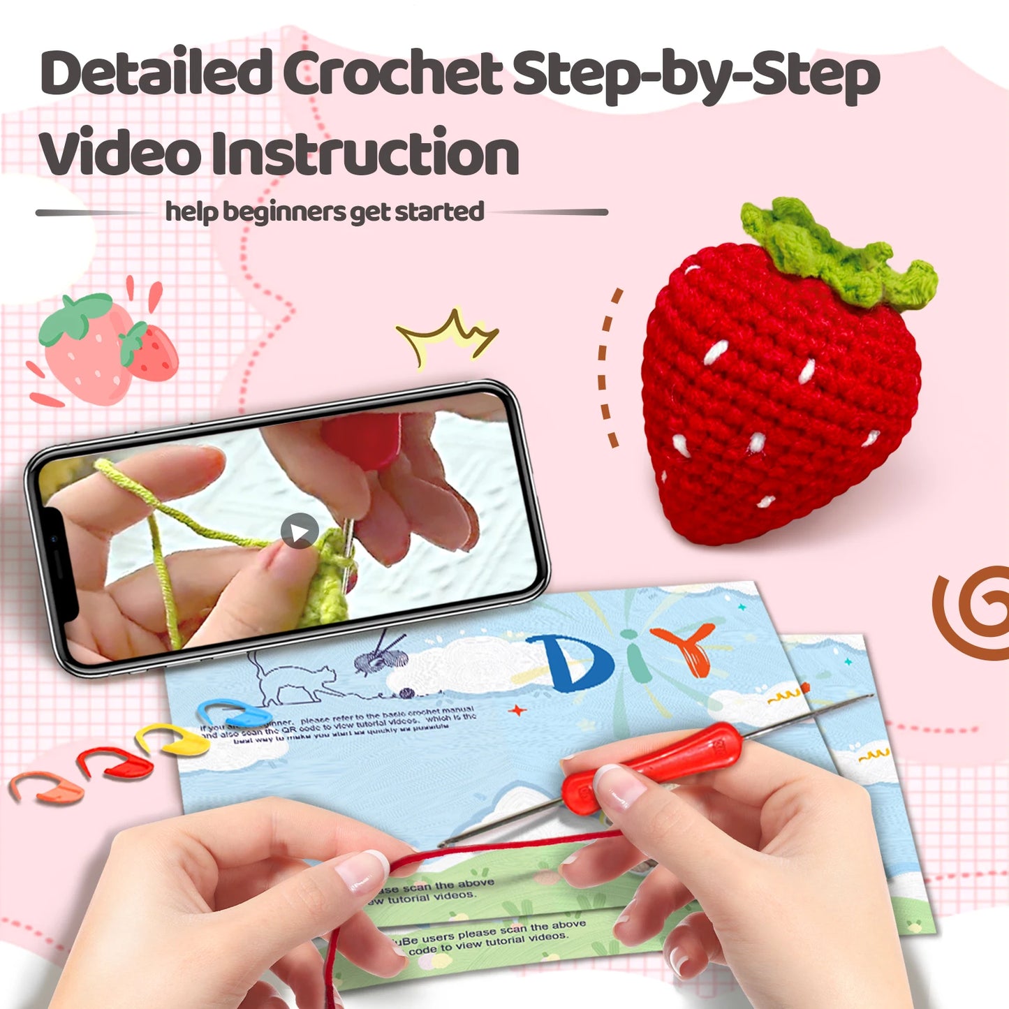 Strawberry Crochet Kit for Beginners – 1pc | Yarn, Hook & Video Tutorial Included