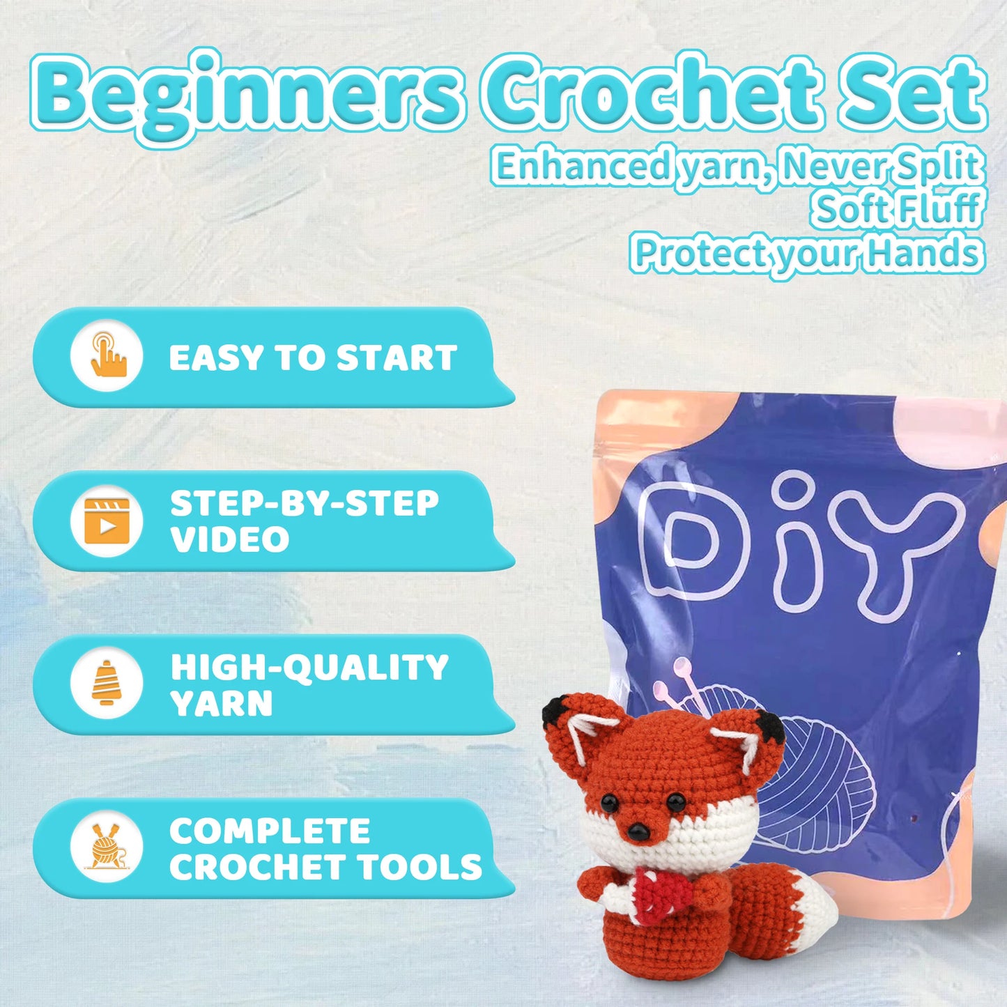 Fox Crochet Kit for Beginners – 1pc | Yarn, Hook & Video Tutorial Included