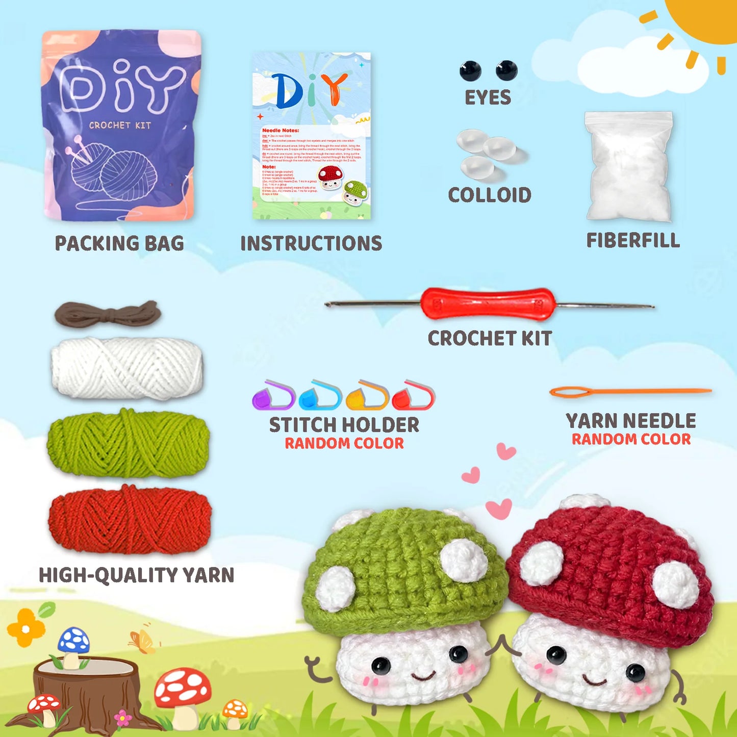 Mushroom Crochet Kit for Beginners – 1/2pc | Yarn, Hook & Video Tutorial Included