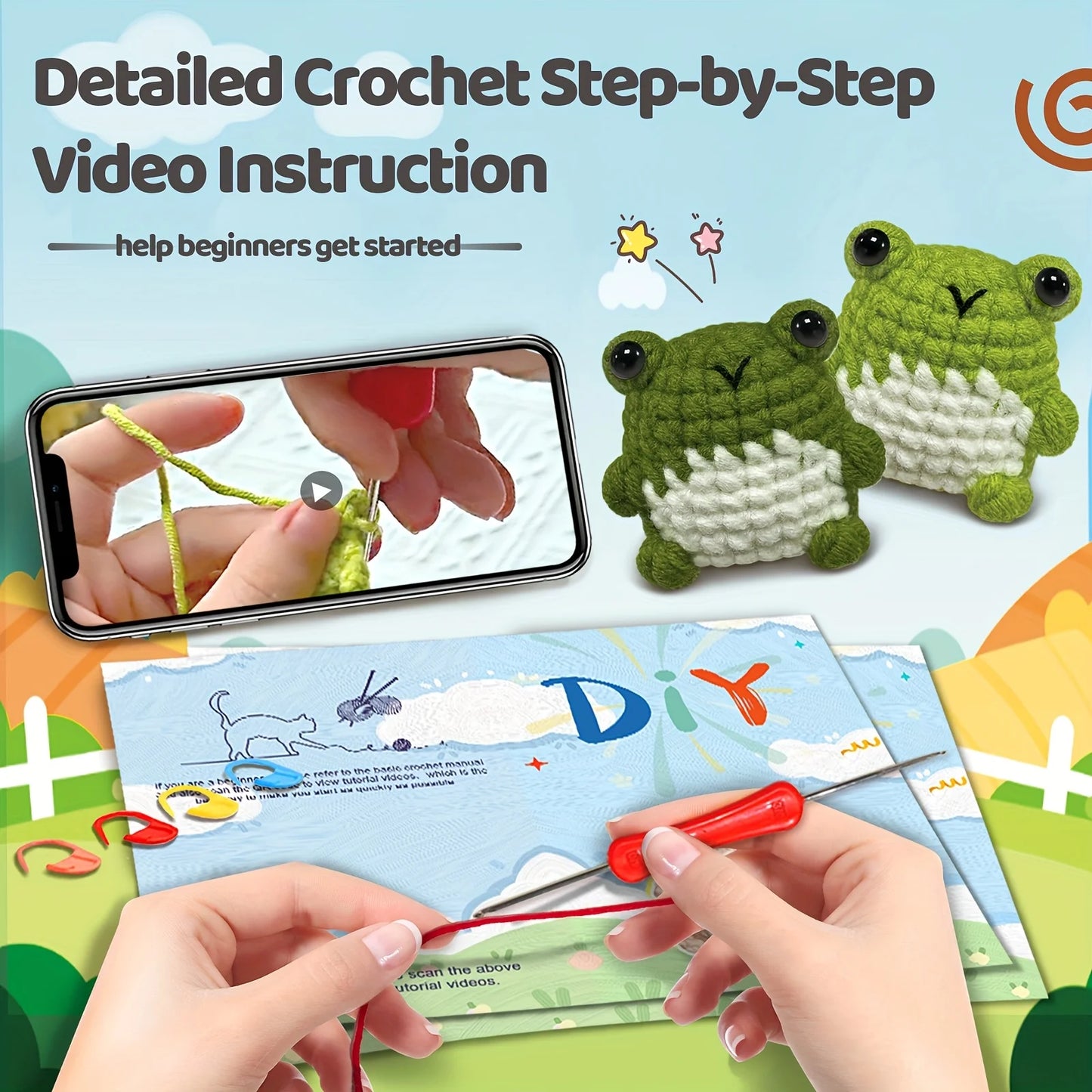 Frog Amigurumi Crochet Kit for Beginners – 1pc/2pc | Yarn, Hook & Video Tutorial Included