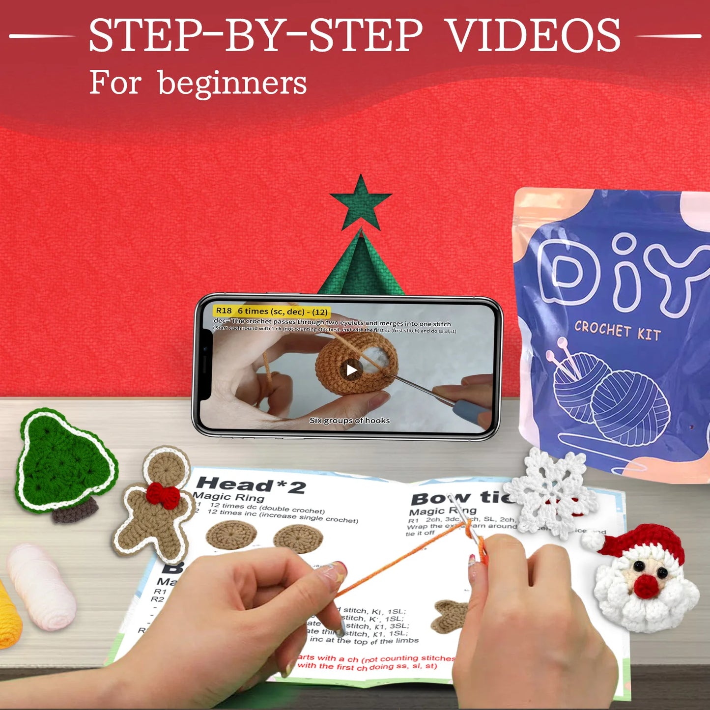 Gingerbread Man Crochet Kit for Beginners – 4pc | Yarn, Hook & Video Tutorial Included