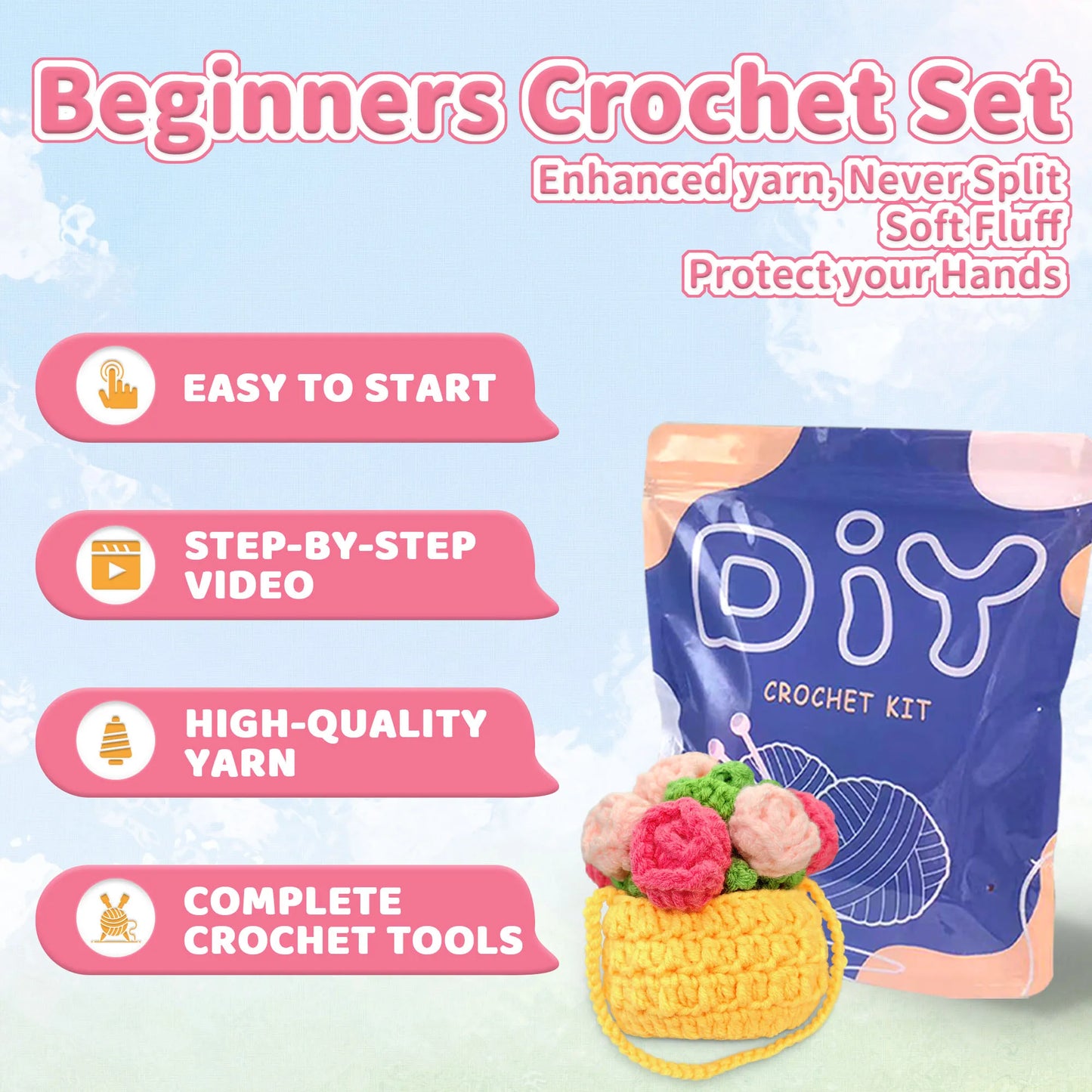Flower Basket Crochet Kit for Beginners – 1pc | Yarn, Hook & Video Tutorial Included