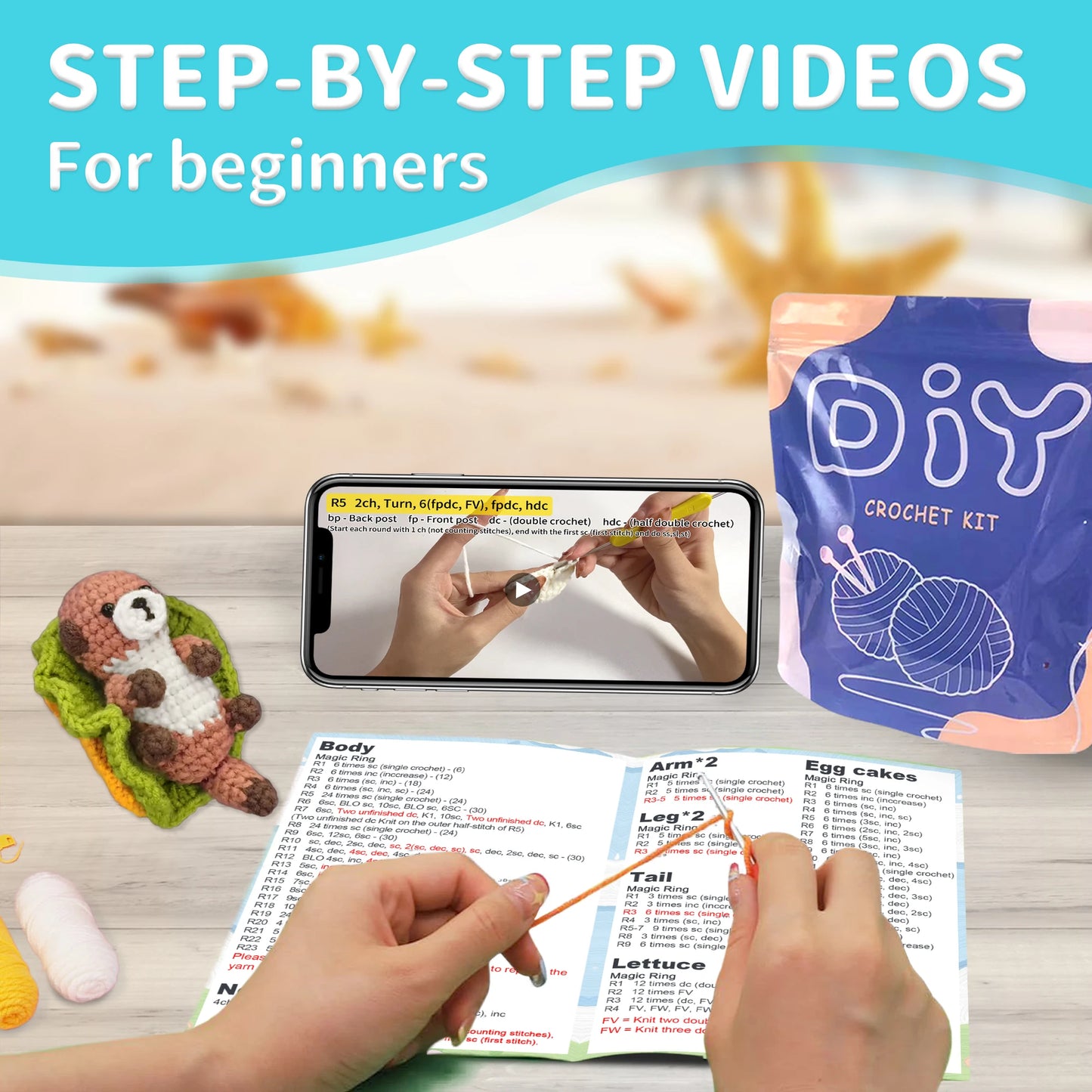 Otter Crochet Kit for Beginners – 1pc | Yarn, Hook & Video Tutorial Included