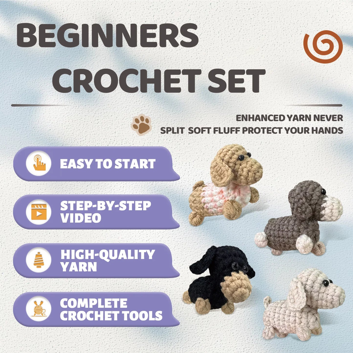 Dog Crochet Kit for Beginners – 4pc | Yarn, Hook & Video Tutorial Included