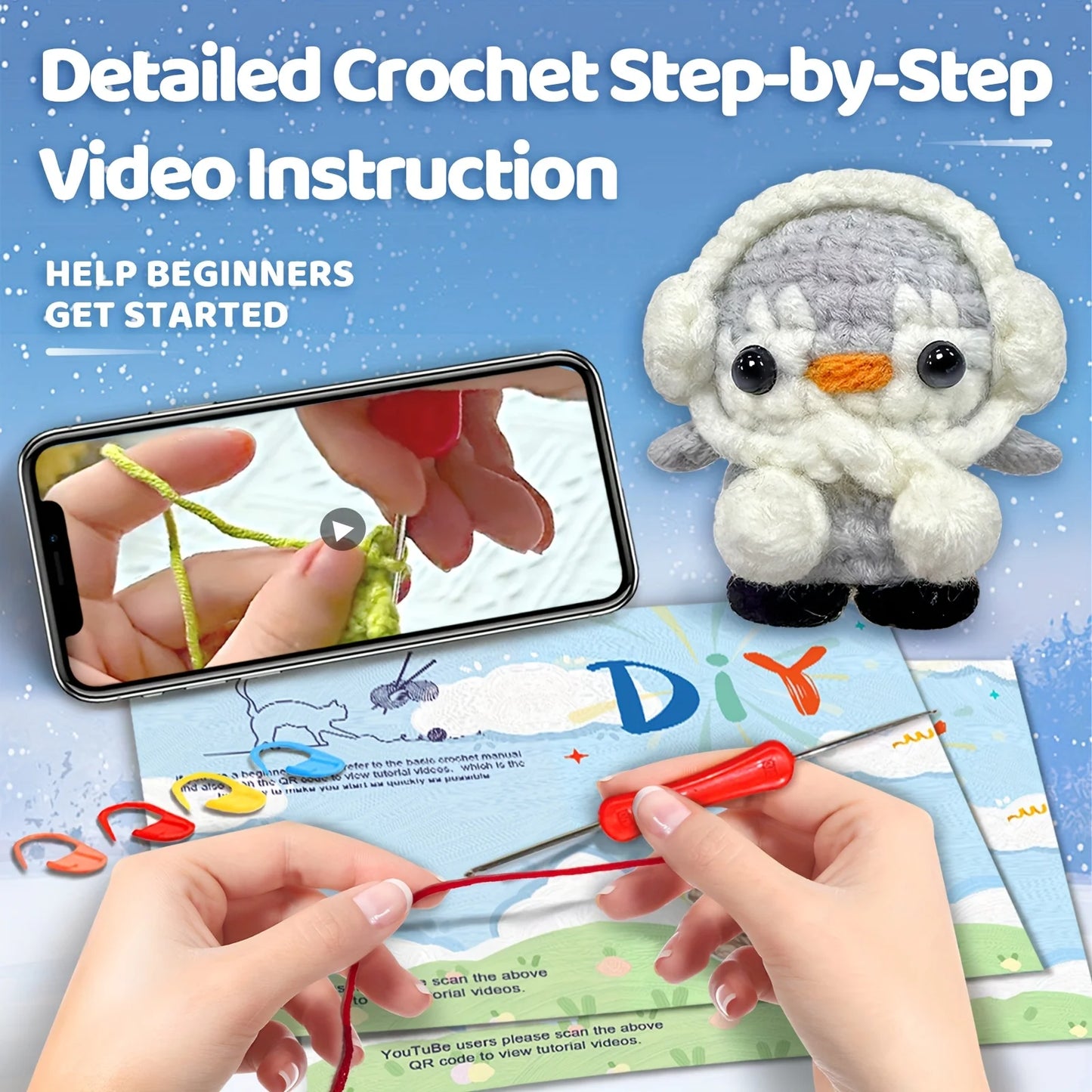 Penguin Amigurumi Crochet Kit for Beginners – 1pc | Yarn, Hook & Video Tutorial Included