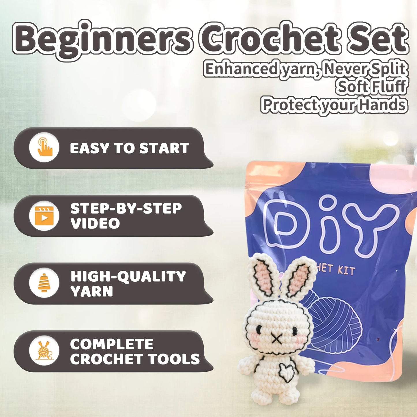 Delightful Bunny Amigurumi Crochet Kit for Beginners – 1pc | Yarn, Hook & Video Tutorial Included