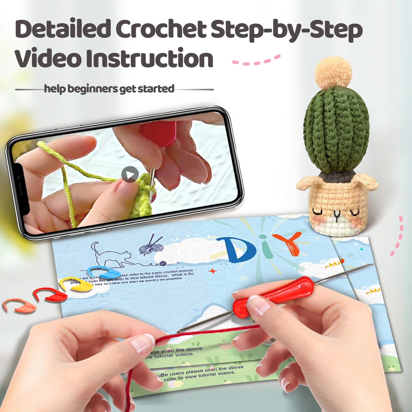 Animal & Cactus Crochet Kit for Beginners – 1pc | Yarn, Hook & Video Tutorial Included