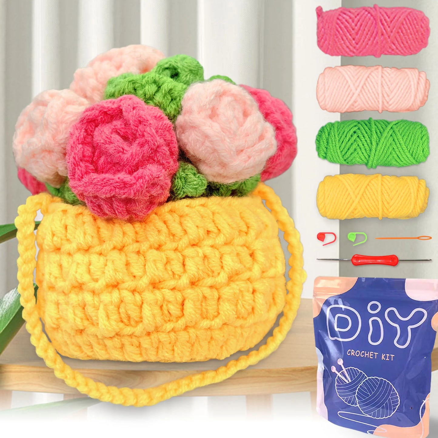 Flower Basket Crochet Kit for Beginners – 1pc | Yarn, Hook & Video Tutorial Included