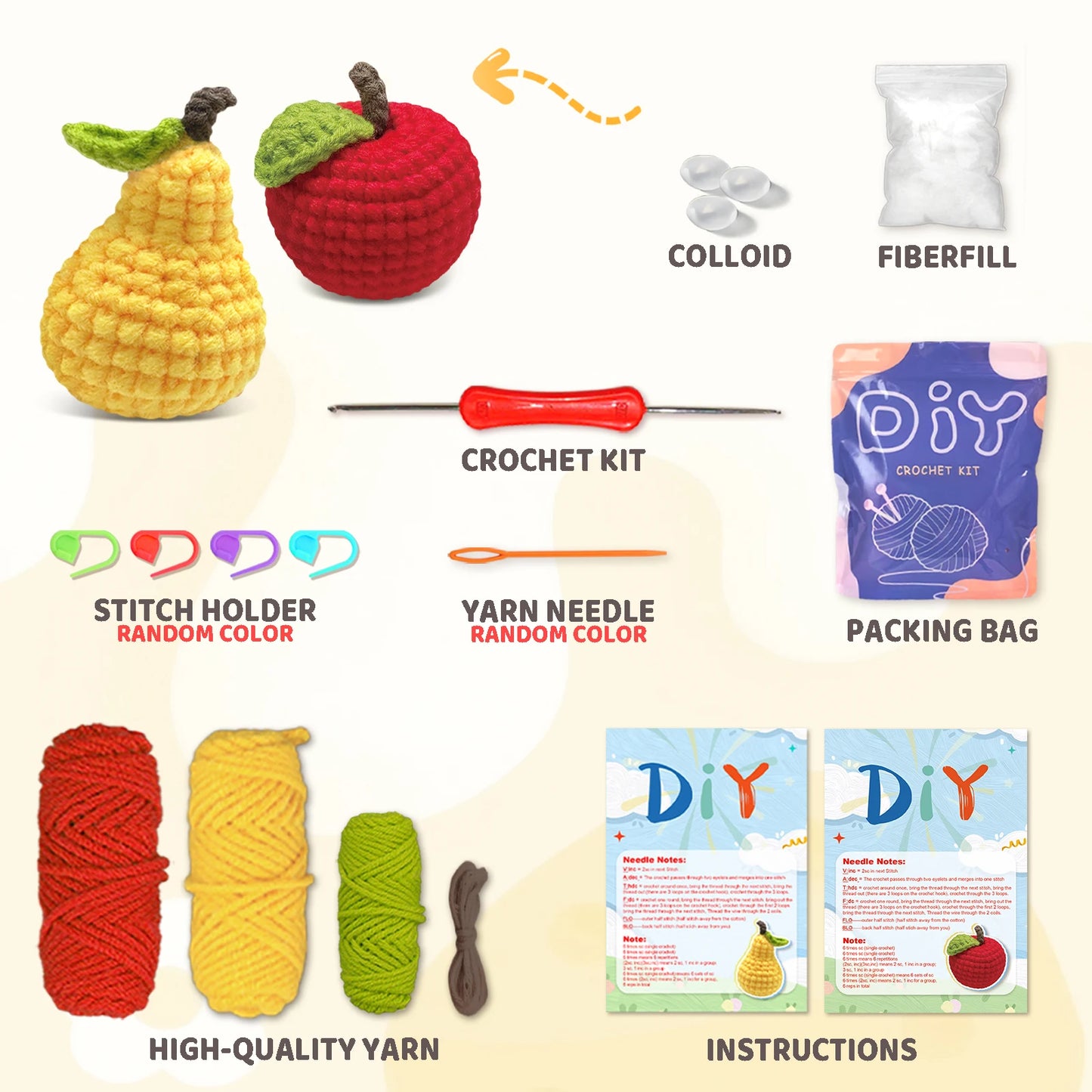 Fruit Crochet Kit for Beginners – 2pc | Yarn, Hook & Video Tutorial Included