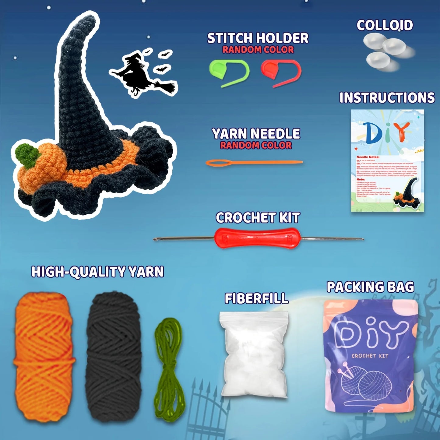 Halloween Pumpkin & Witch Hat Crochet Kit for Beginners – 1pc | Yarn, Hook & Video Tutorial Included