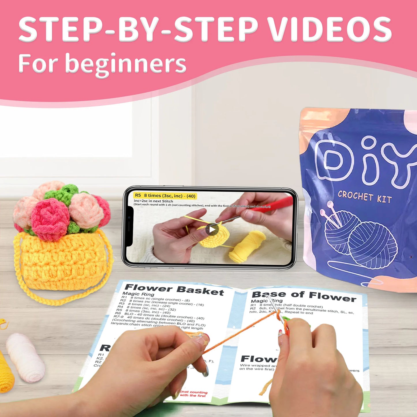 Flower Basket Crochet Kit for Beginners – 1pc | Yarn, Hook & Video Tutorial Included