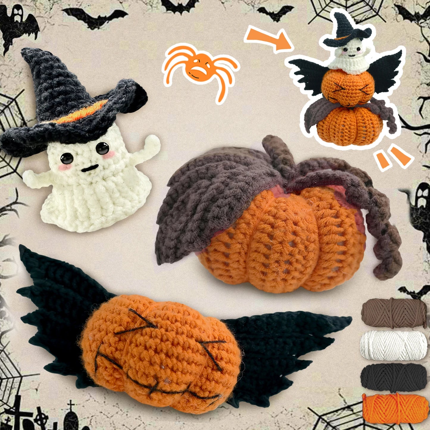 Halloween Crochet Kit for Beginners – 3pc | Yarn, Hook & Video Tutorial Included