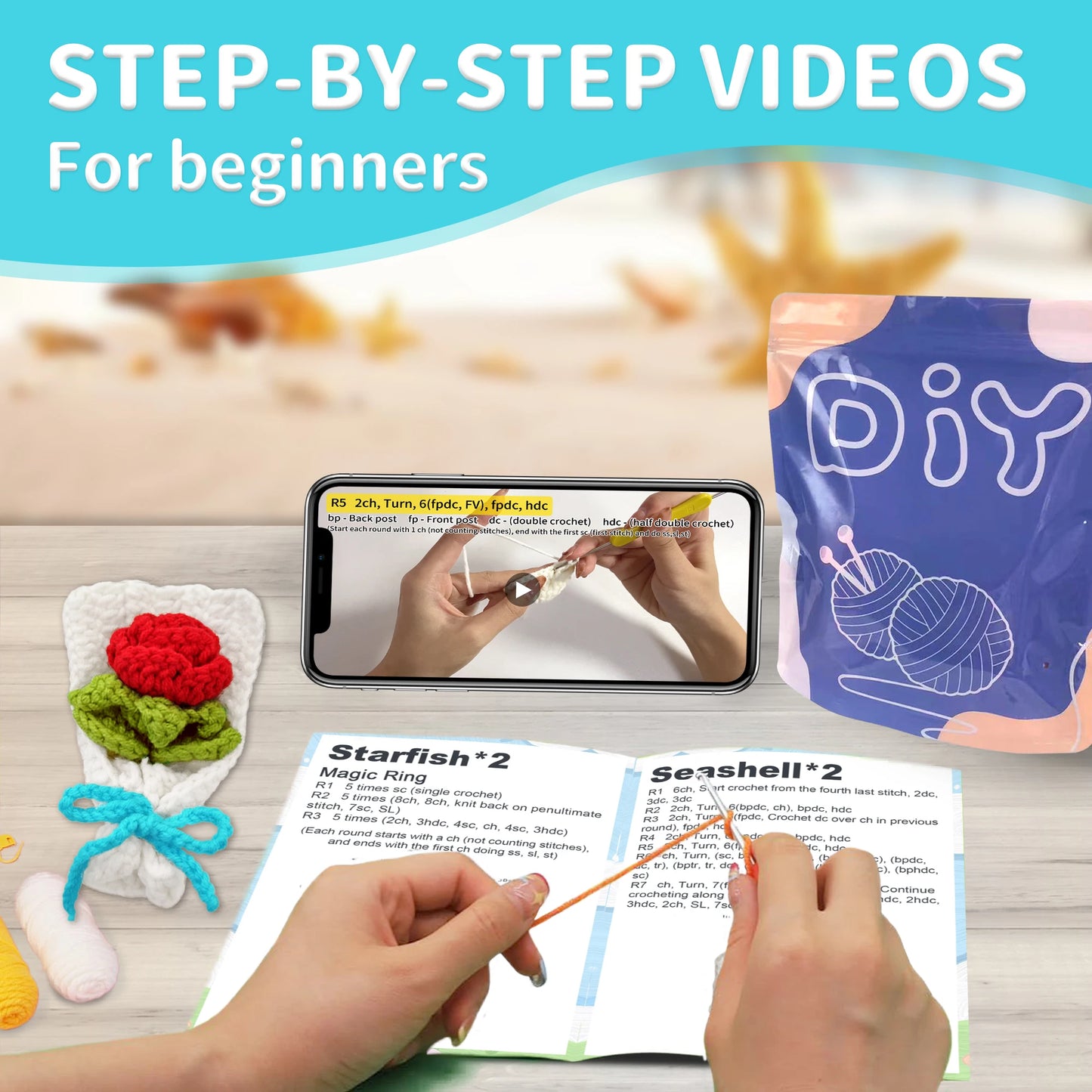 Rose Crochet Kit for Beginners – 1pc | Yarn, Hook & Video Tutorial Included