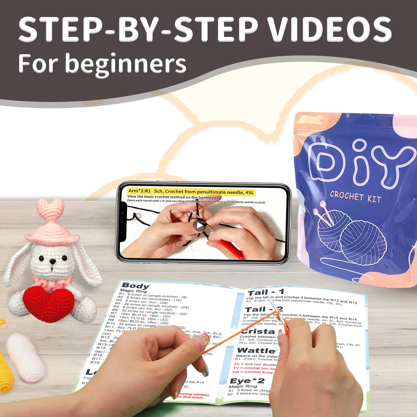 Heart Rabbit Crochet Kit for Beginners – 1pc | Yarn, Hook & Video Tutorial Included
