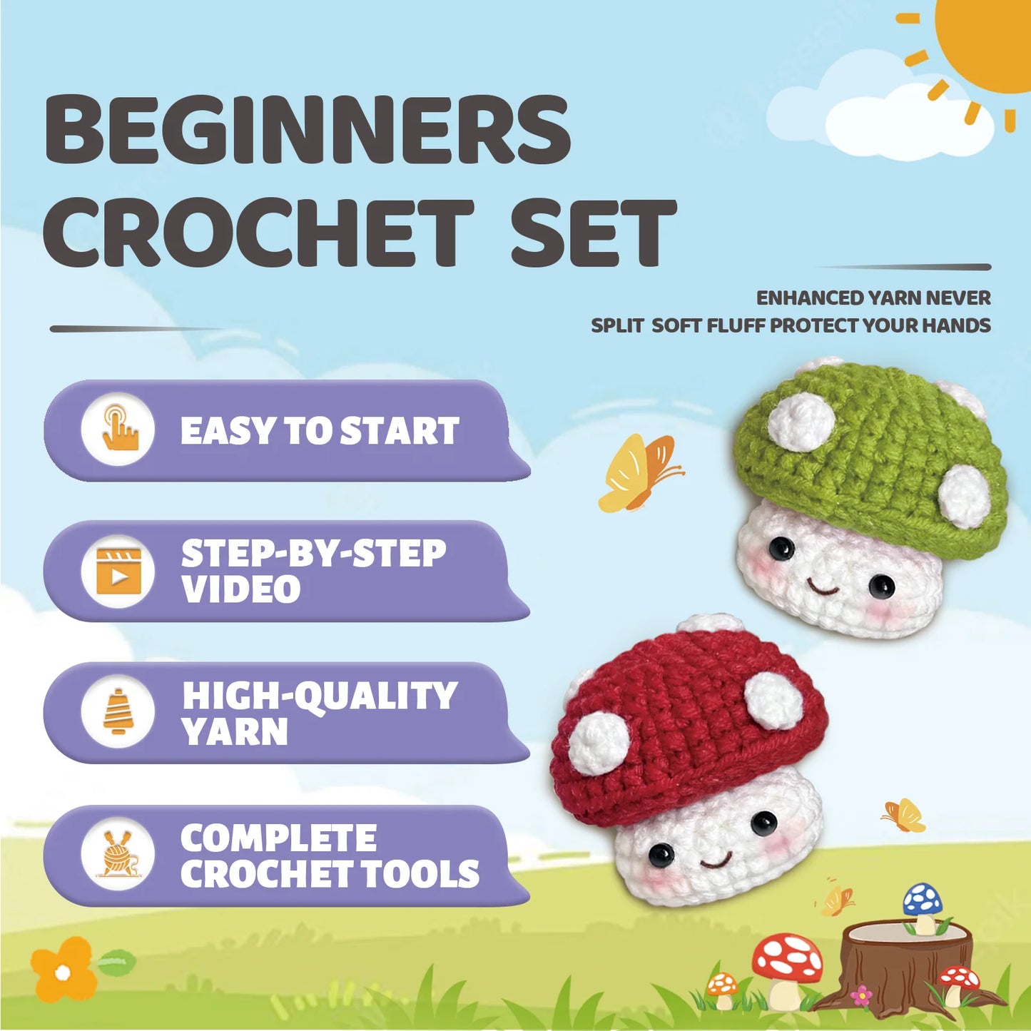 Mushroom Crochet Kit for Beginners – 1/2pc | Yarn, Hook & Video Tutorial Included