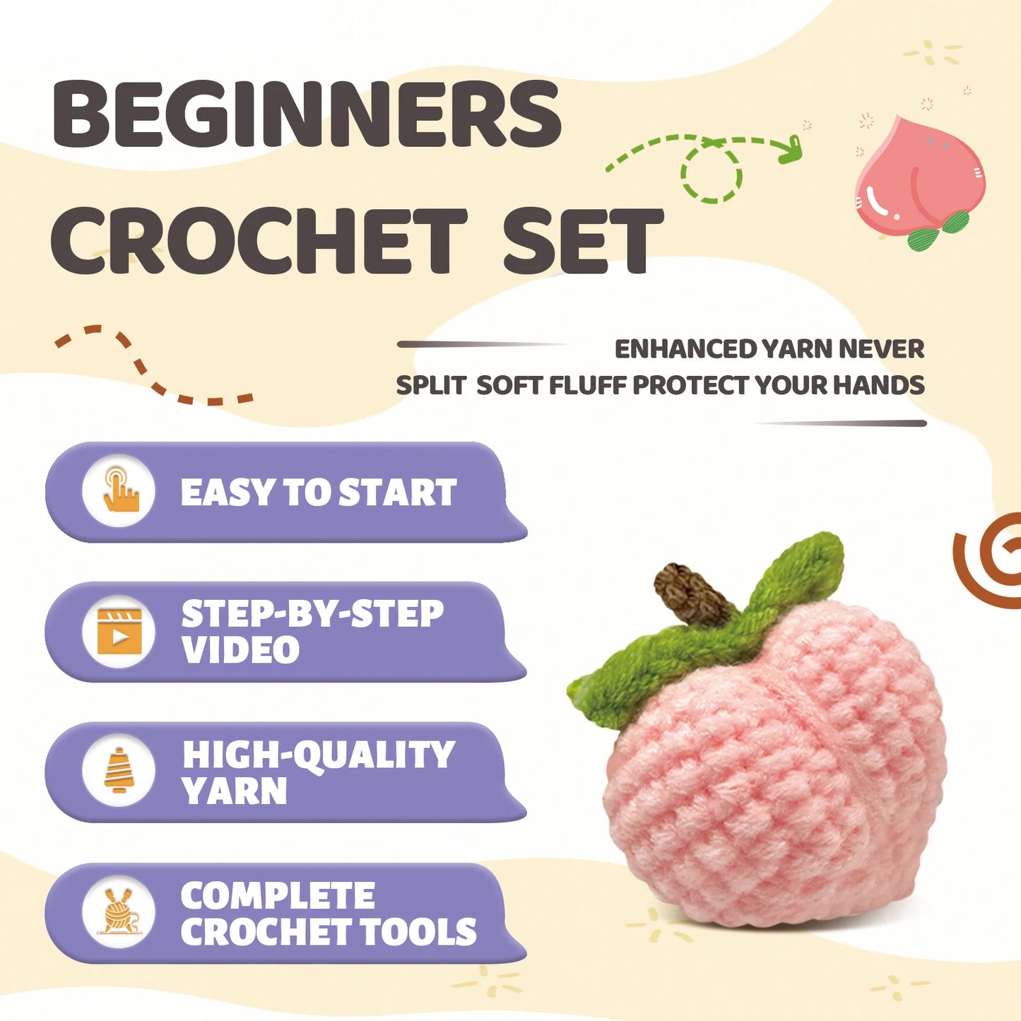 Peach Crochet Kit for Beginners – 1pc | Yarn, Hook & Video Tutorial Included