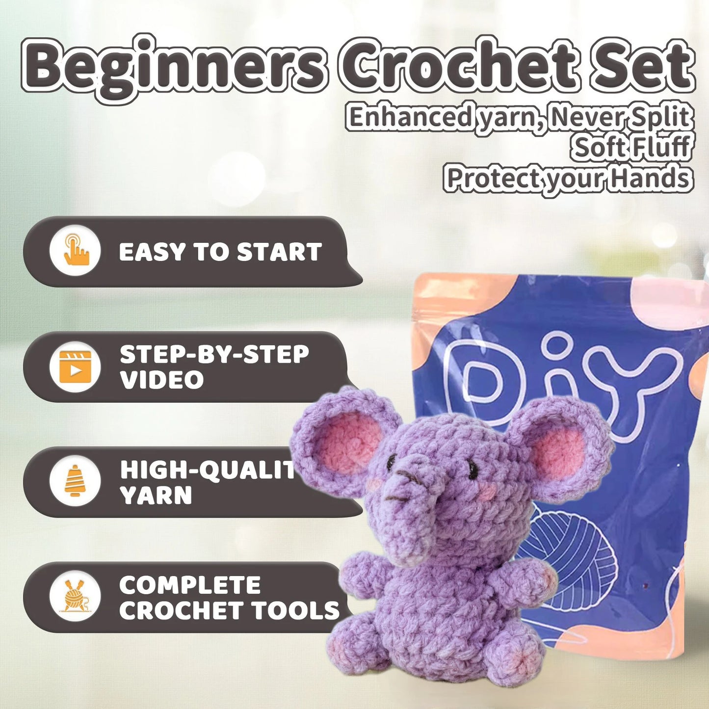 Elephant Crochet Kit for Beginners – 1pc | Yarn, Hook & Video Tutorial Included