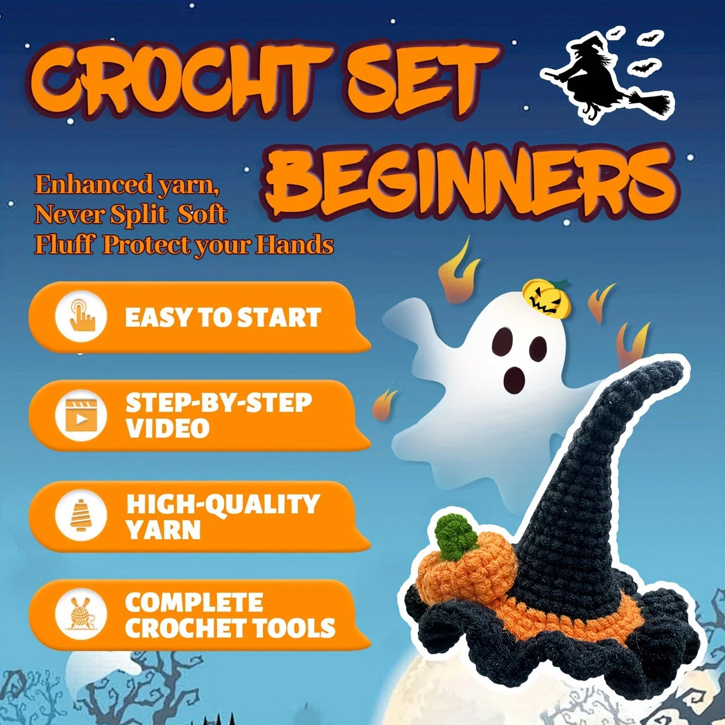 Halloween Pumpkin & Witch Hat Crochet Kit for Beginners – 1pc | Yarn, Hook & Video Tutorial Included