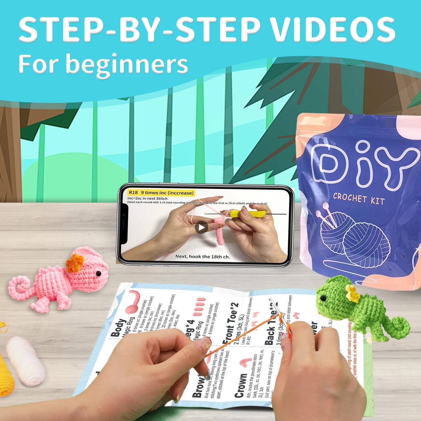 Chameleon Crochet Kit for Beginners – 1/2pc | Yarn, Hook & Video Tutorial Included