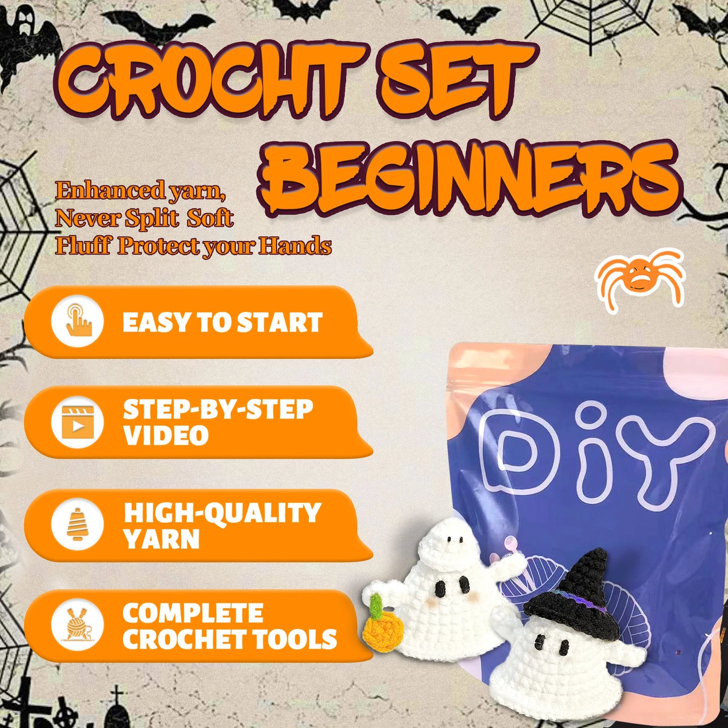 Halloween Ghost Crochet Kit for Beginners – 2pc | Yarn, Hook & Video Tutorial Included