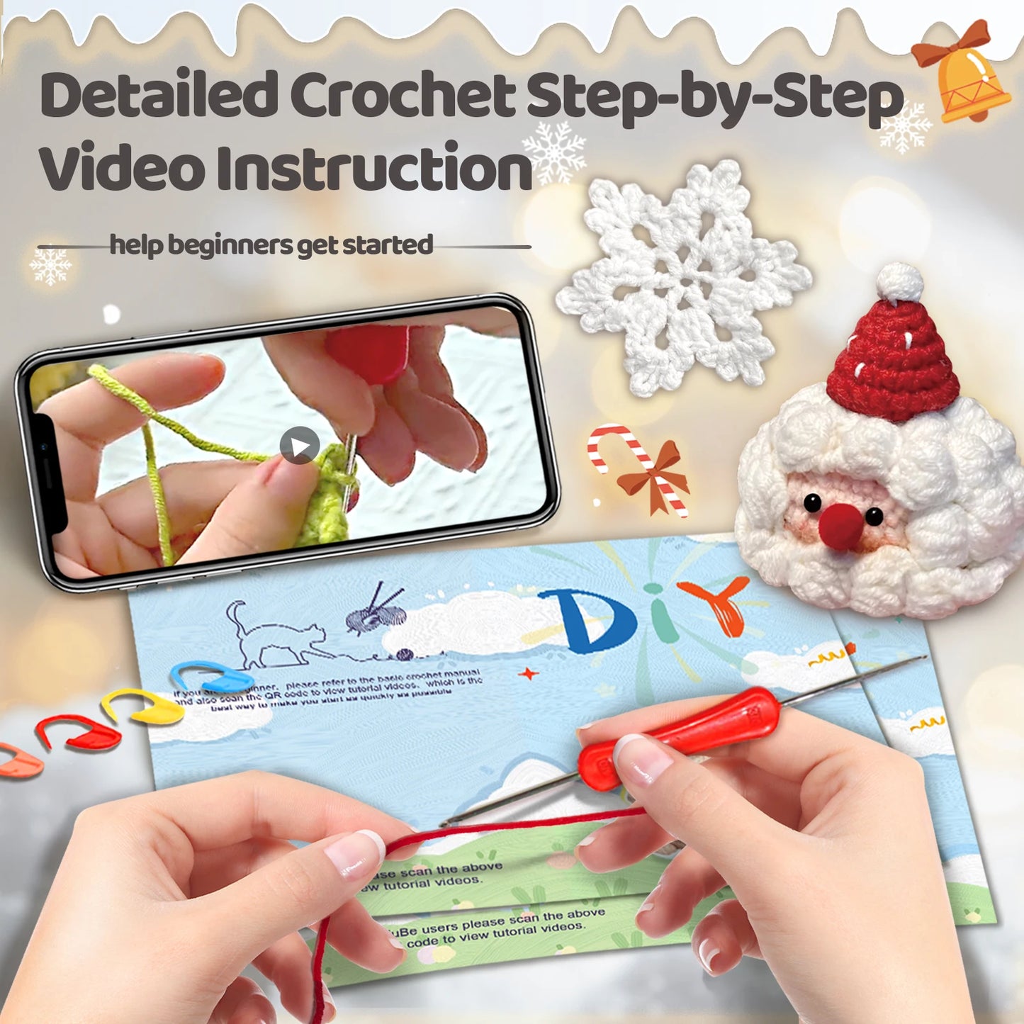Santa Claus Crochet Kit for Beginners – 2pc | Yarn, Hook & Video Tutorial Included