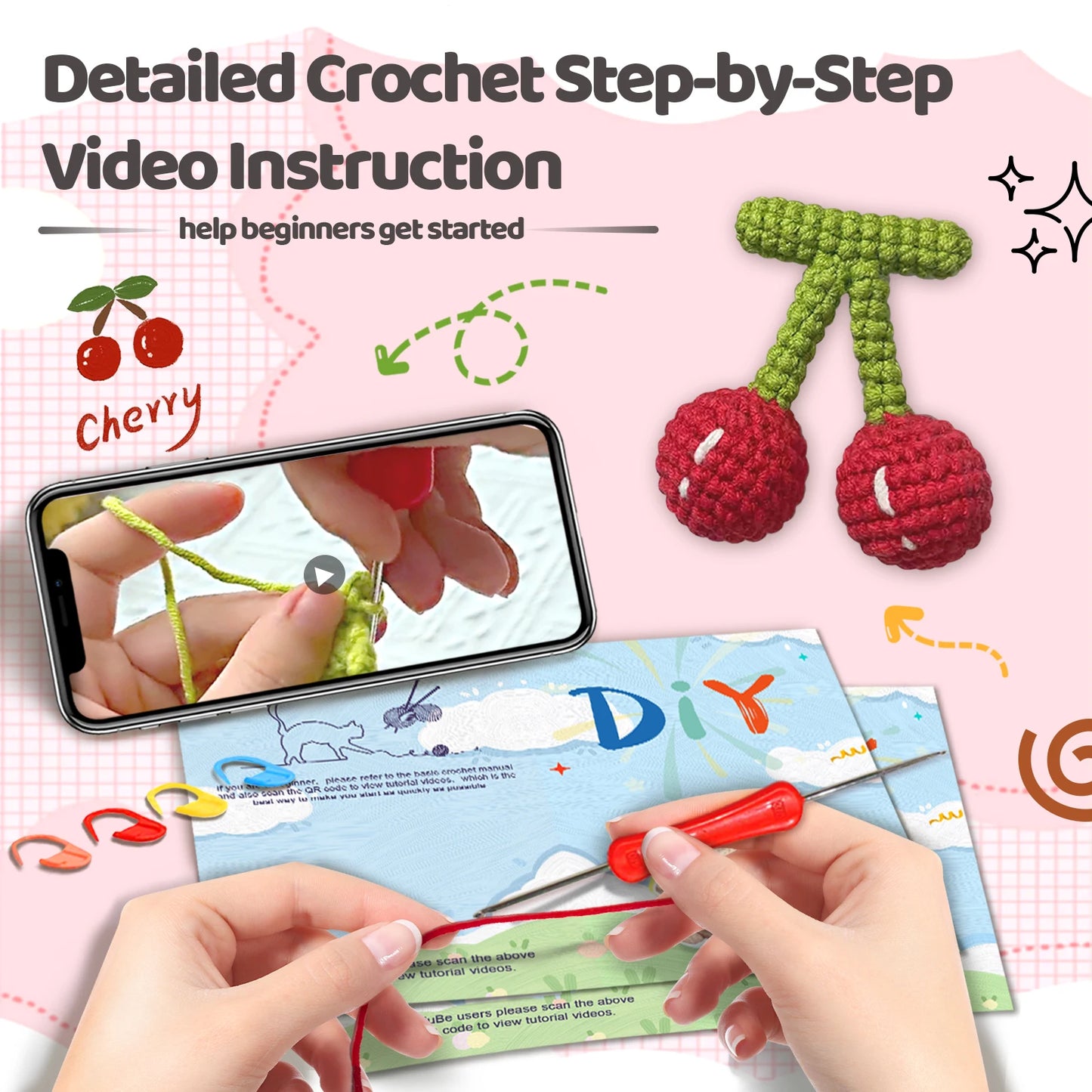 Cherry Crochet Kit for Beginners – 1pc | Yarn, Hook & Video Tutorial Included