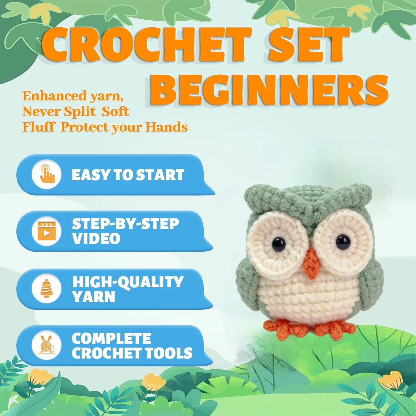 Owl Crochet Kit for Beginners – 1pc | Yarn, Hook & Video Tutorial Included